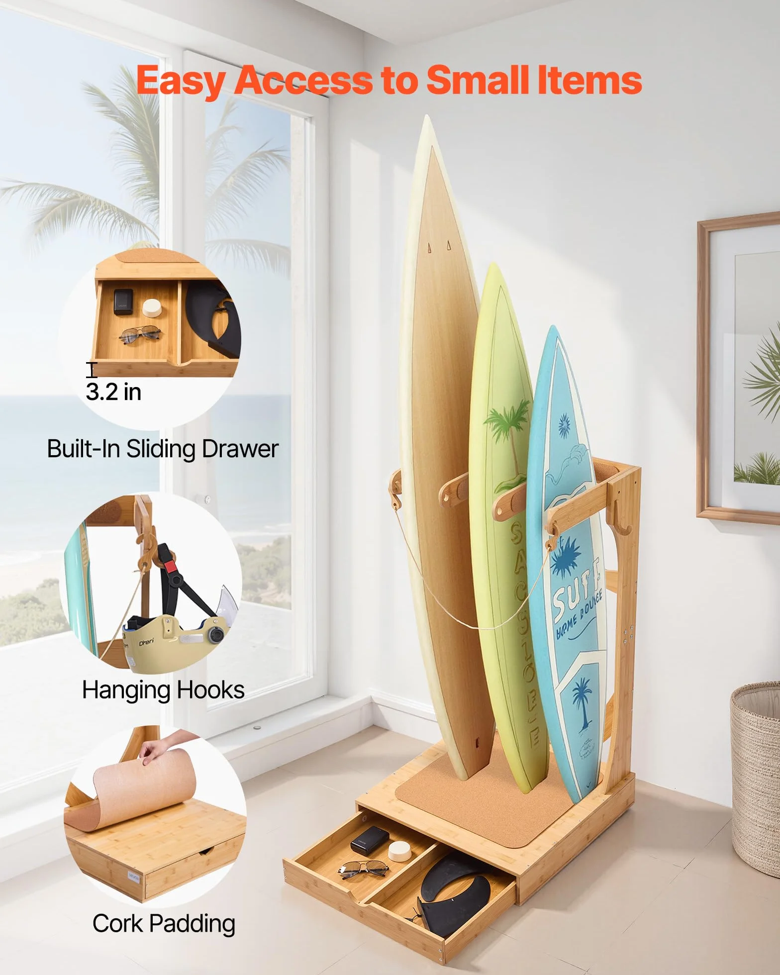 VEVOR Soporte Vertical para Tablas de Surf, Estante de Madera de 3 Niveles con Ganchos y Cajones