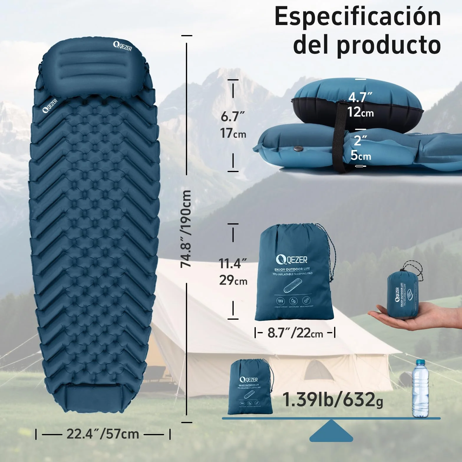Colchón Inflable Ultraligero (Almohada). Colchón Inflable portátil para Playa, Camping y Senderismo. (Azul)