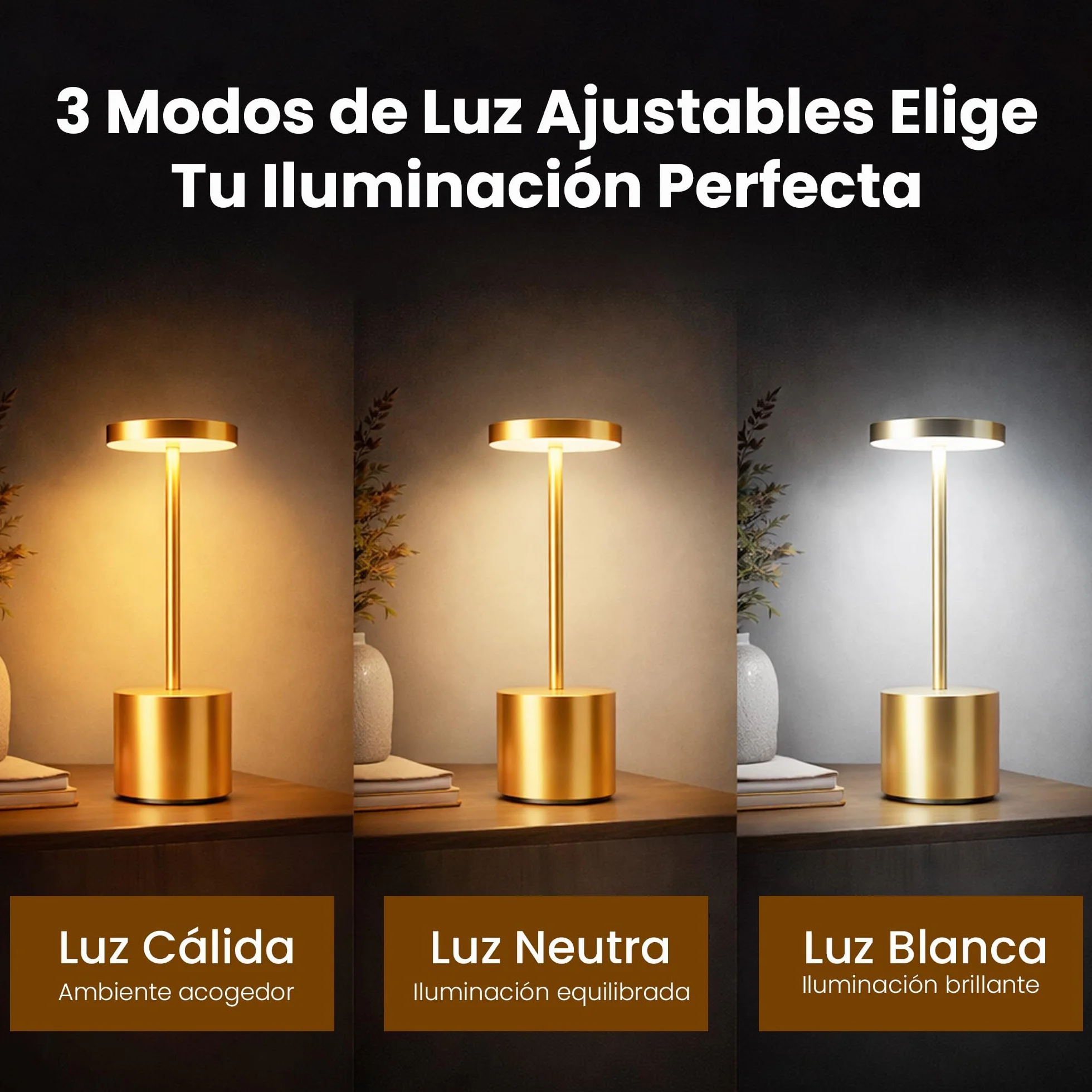 Lámparas de Mesa LED Inalámbricas Recargables Doradas Pack 2 – Control Táctil, 3 Modos de Luz, Brillo Regulable