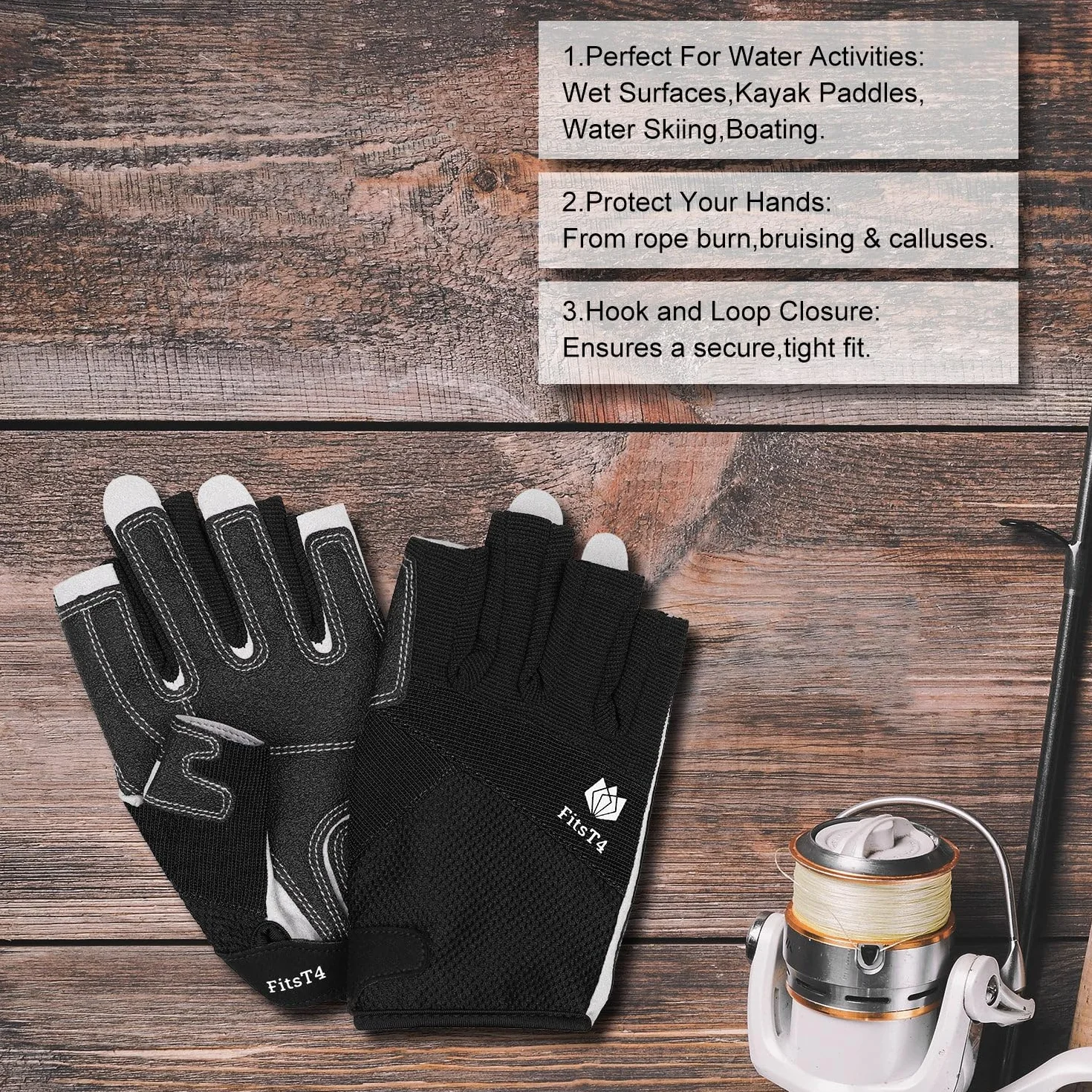 FitsT4 Sports Guantes de Kayak con Dedos 3/4, Palma Acolchada y Dorso de Malla para Mayor Comodidad navegar, remar, Practicar piragüismo, Kayak y Surf de Remo