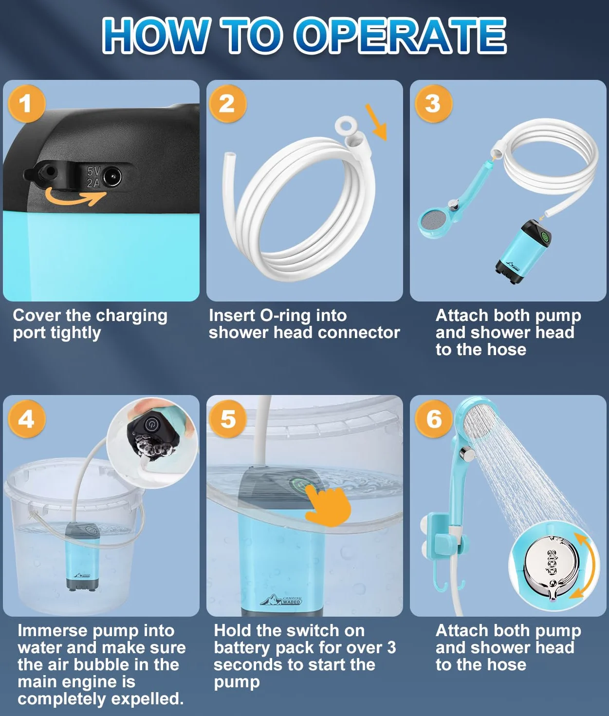 WADEO Ducha Portátil Camping 6000 mAh Bomba Agua 20L Kit Exterior