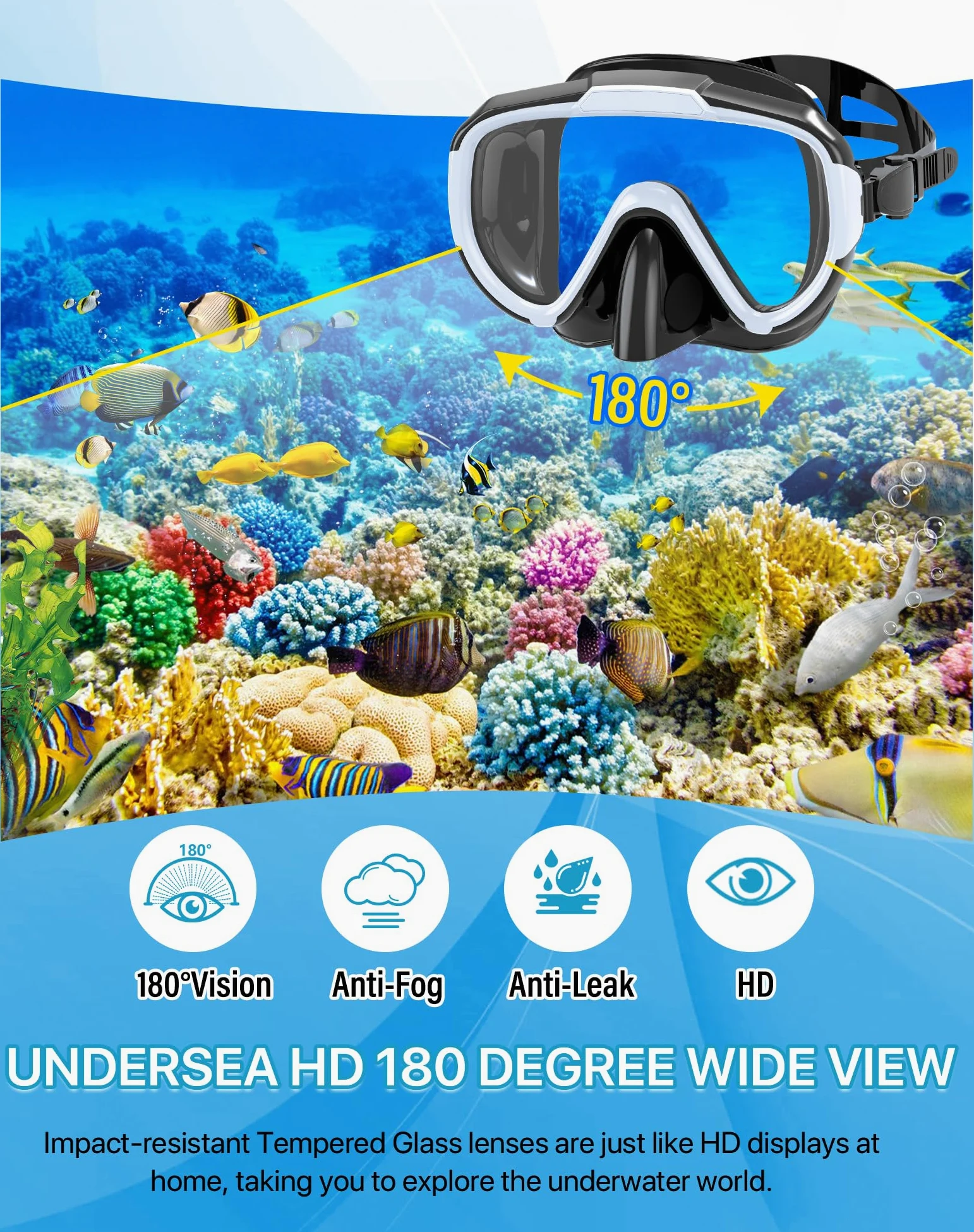 Ubekezele Equipo de esnórquel para adultos, hombres y mujeres, juego de esnórquel 4 en 1 con máscara de buceo de vista panorámica, antivaho, antifugas, esnórquel seco, aletas y bolsa de viaje para