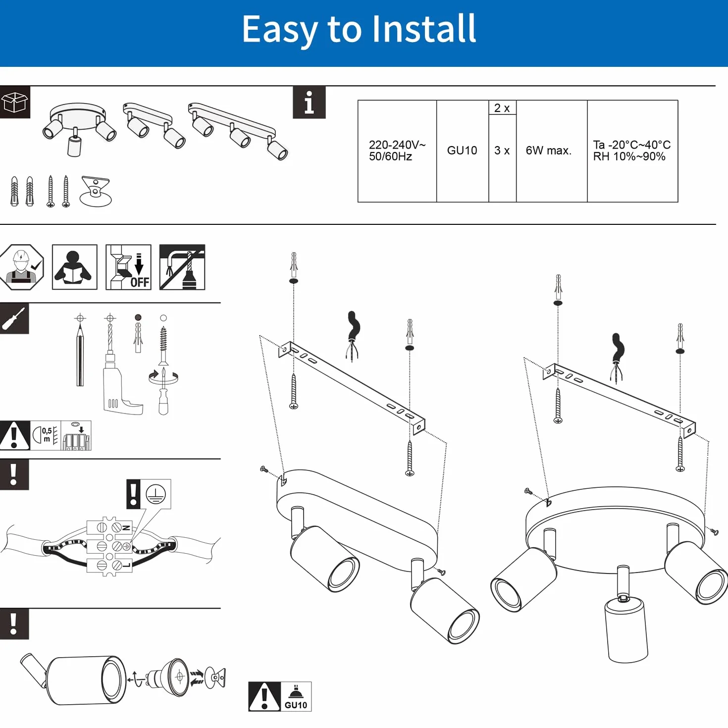 ANWIO Focos LED Interior Techo Ajustable 3 Focos LED Metal Blanco