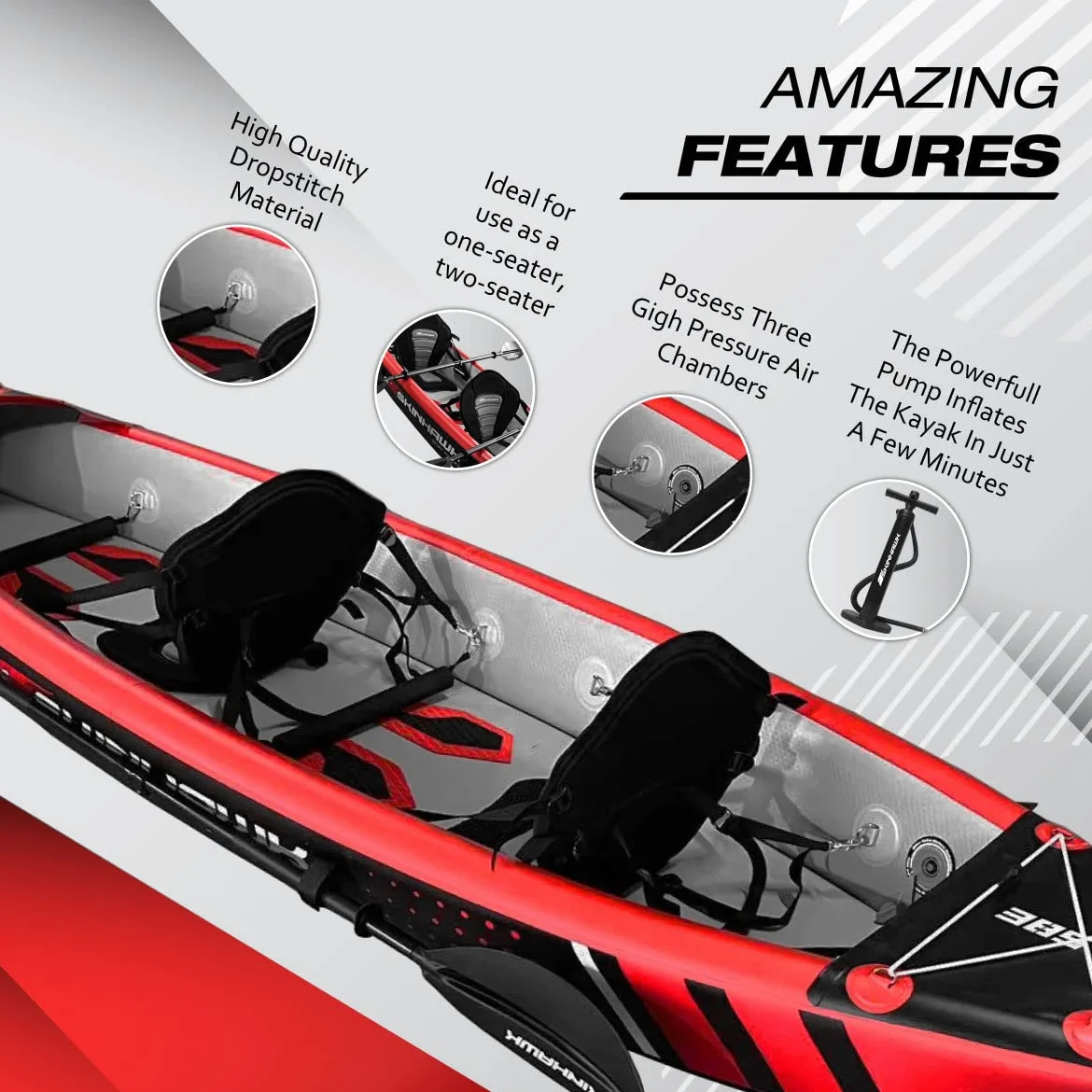 Skinhawk Premium Full Drop Stitch Kayak 385 Rojo Inflable Canoa para Inflable, Kayak de Aventura, 385 x 85 cm