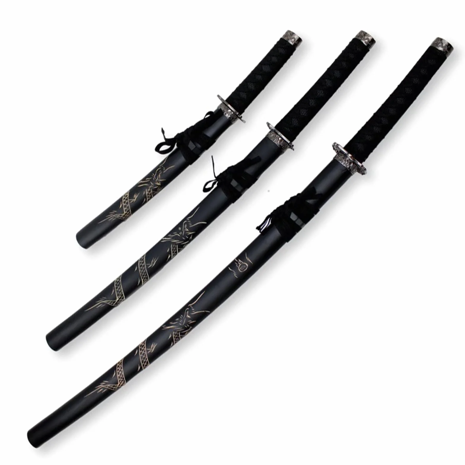 Set de katanas samurái Dragón Negro, juego de 3 espadas acero 1095 52/75/100 cm, entrenamiento y colección