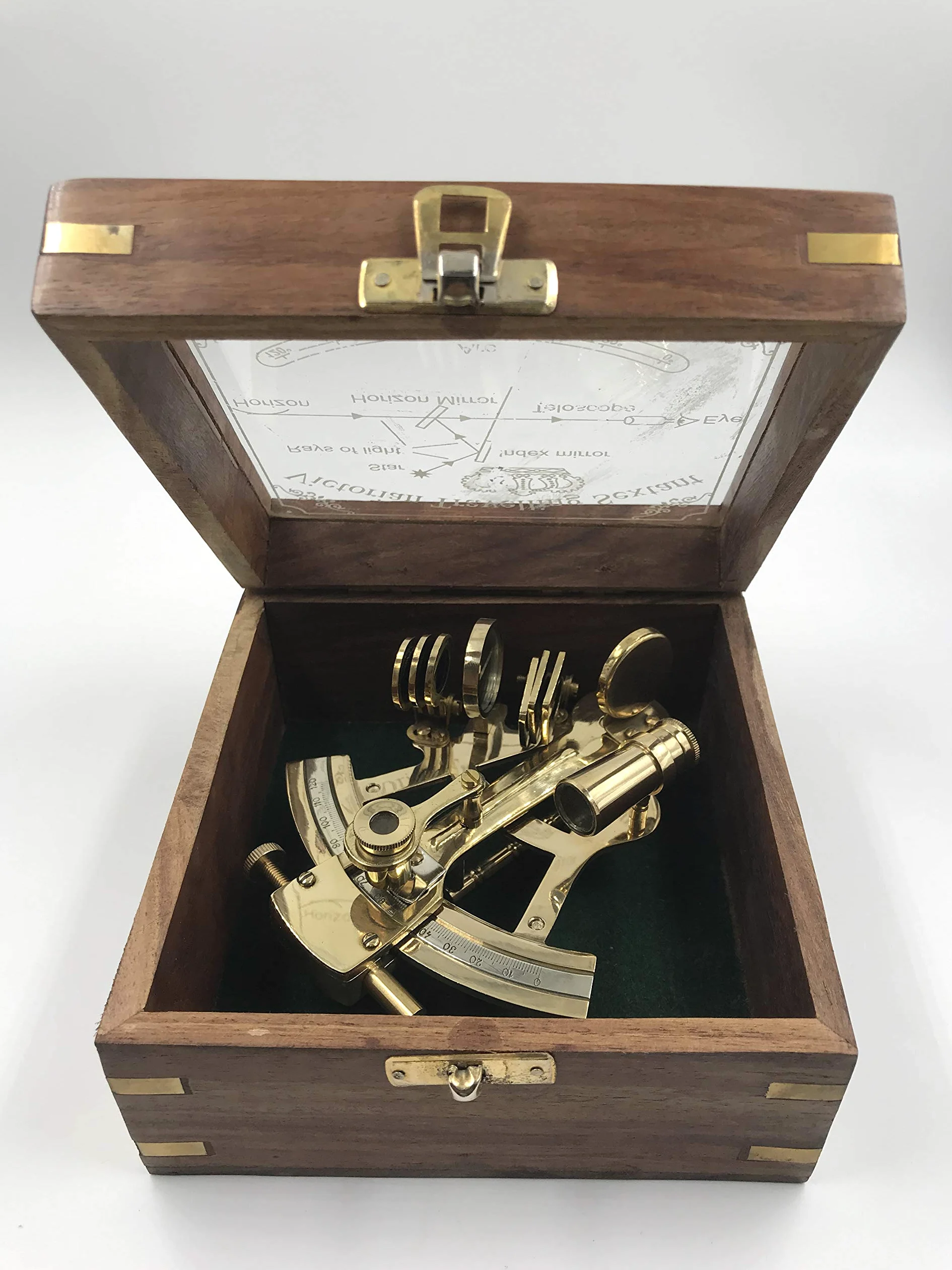 Malla Brass Original Sextante con Caja de Madera | Brújula Náutica para Navegación Celestial