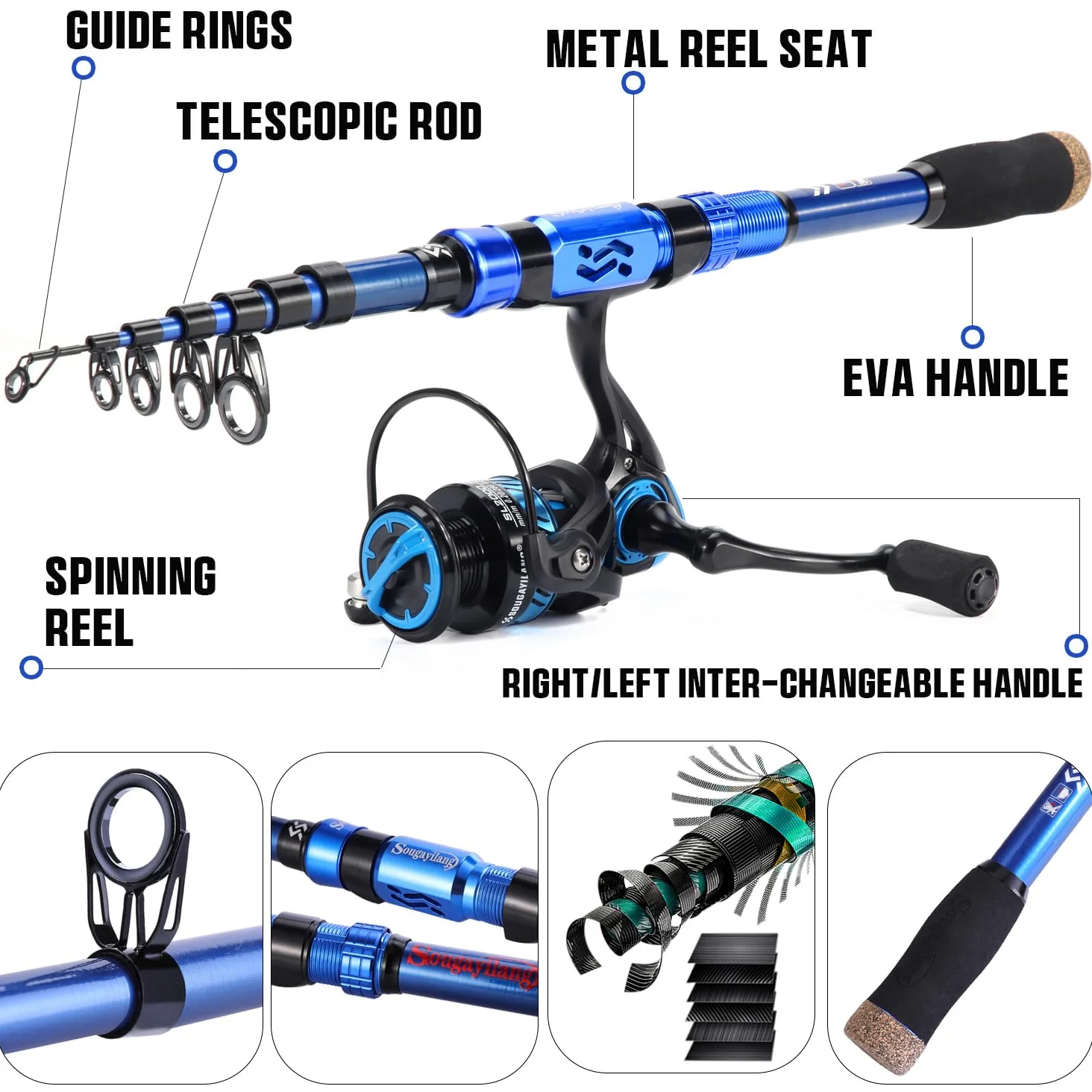 Sougayilang Caña de pescar telescópica. Fibra de carbono de 24 tonos, asiento de carrete mecanizado CNC, mango cómodo de eva, caña de pescar de viaje para pesca de trucha bajo