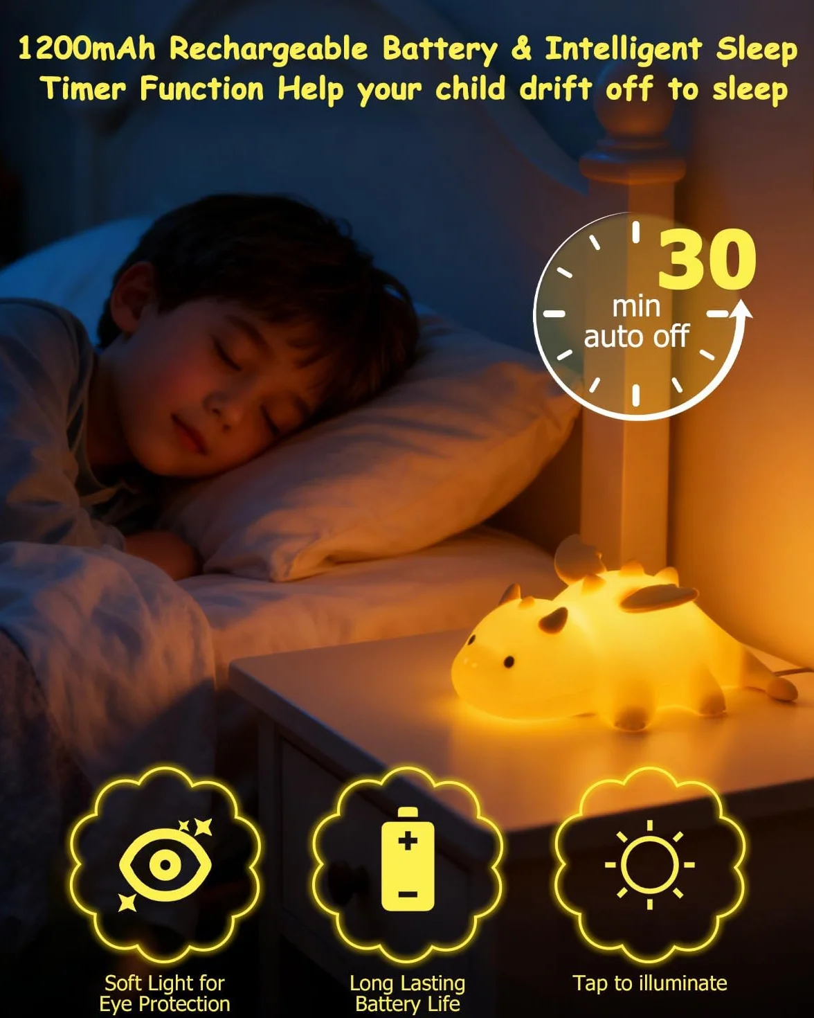 Luz Nocturna Infantil Control Táctil 3 Ajustes Regulables 7 Colores Cambiantes Recargable Lampara Bebe Noche