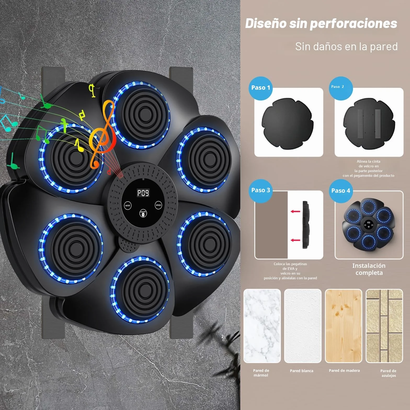 Máquina de boxeo musical Bluetooth inteligente montada en la pared con 9 modos de velocidad y contador para adultos y niños