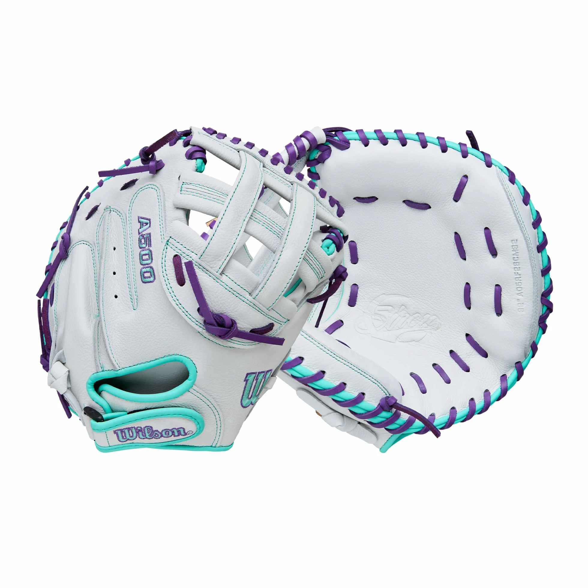 Wilson Manopla para receptores de sóftbol de lanzamiento rápido A500 de 32 pulgadas, para lanzar a la derecha, blanco/espuma de mar/morado
