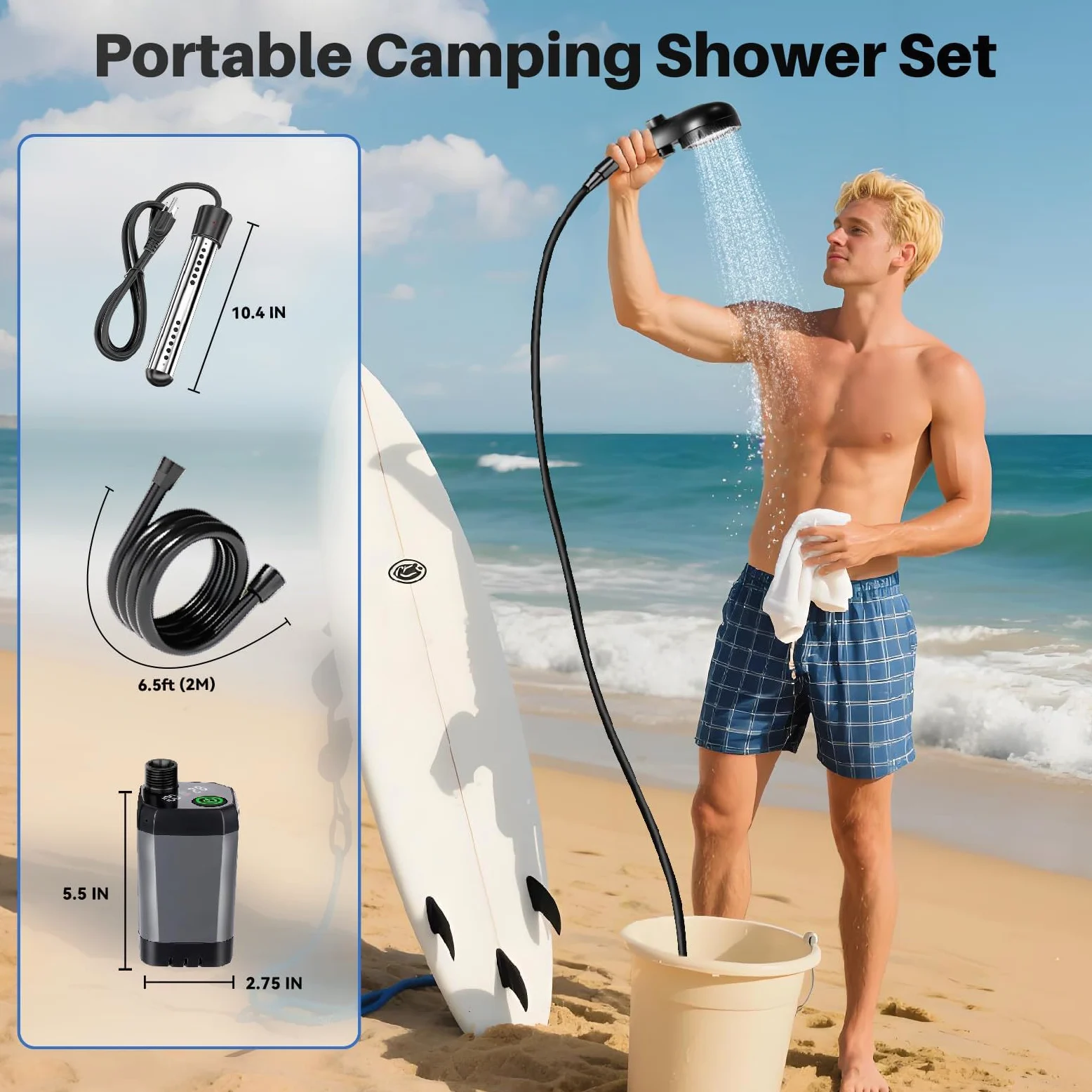 Ducha portátil para camping, 6000 mAh recargable al aire libre con pantalla LED, bomba de ducha portátil impermeable IPX7 y cabezal de ducha para senderismo, viajes, RV, coche, baño de