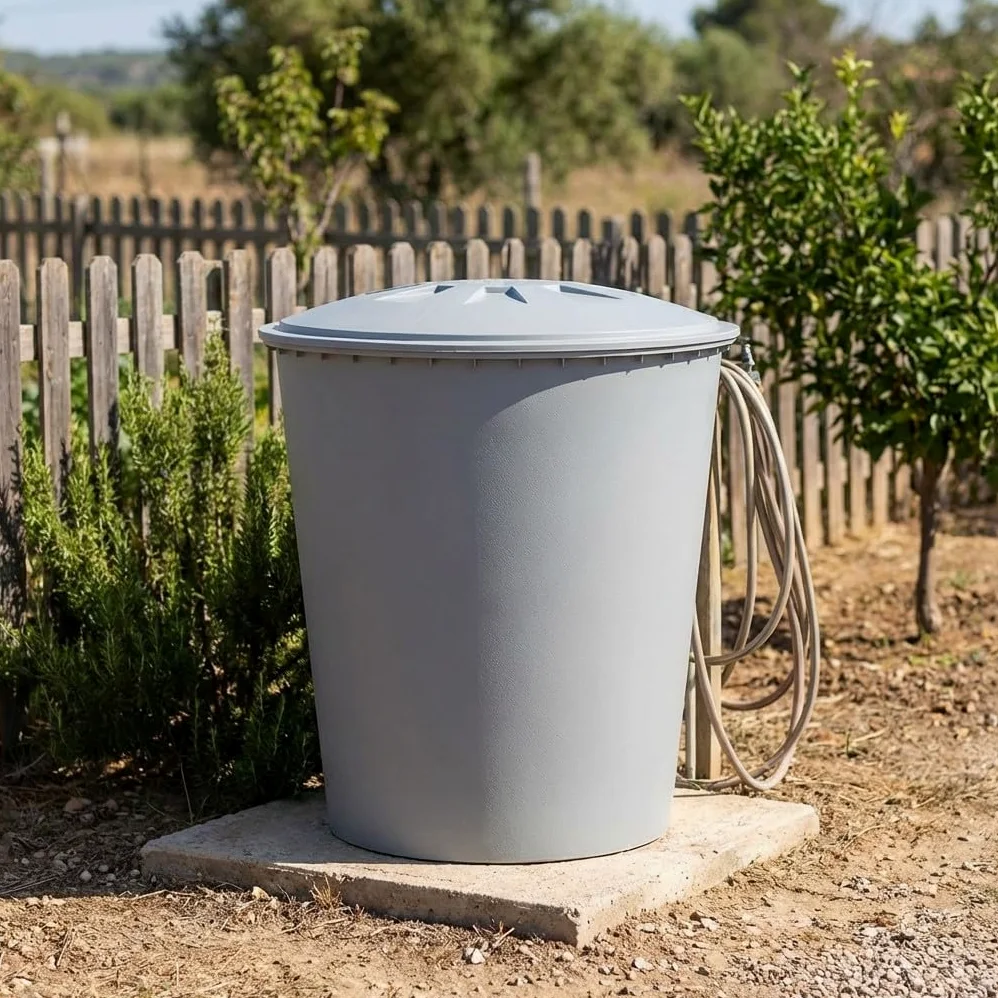 DEPÓSITO Polietileno 500 litros Agua Potable. Diámetro 100 cm, Alto 110 cm. Incluye Tapadera con Dispositivo de Seguridad contra el Viento, Gris