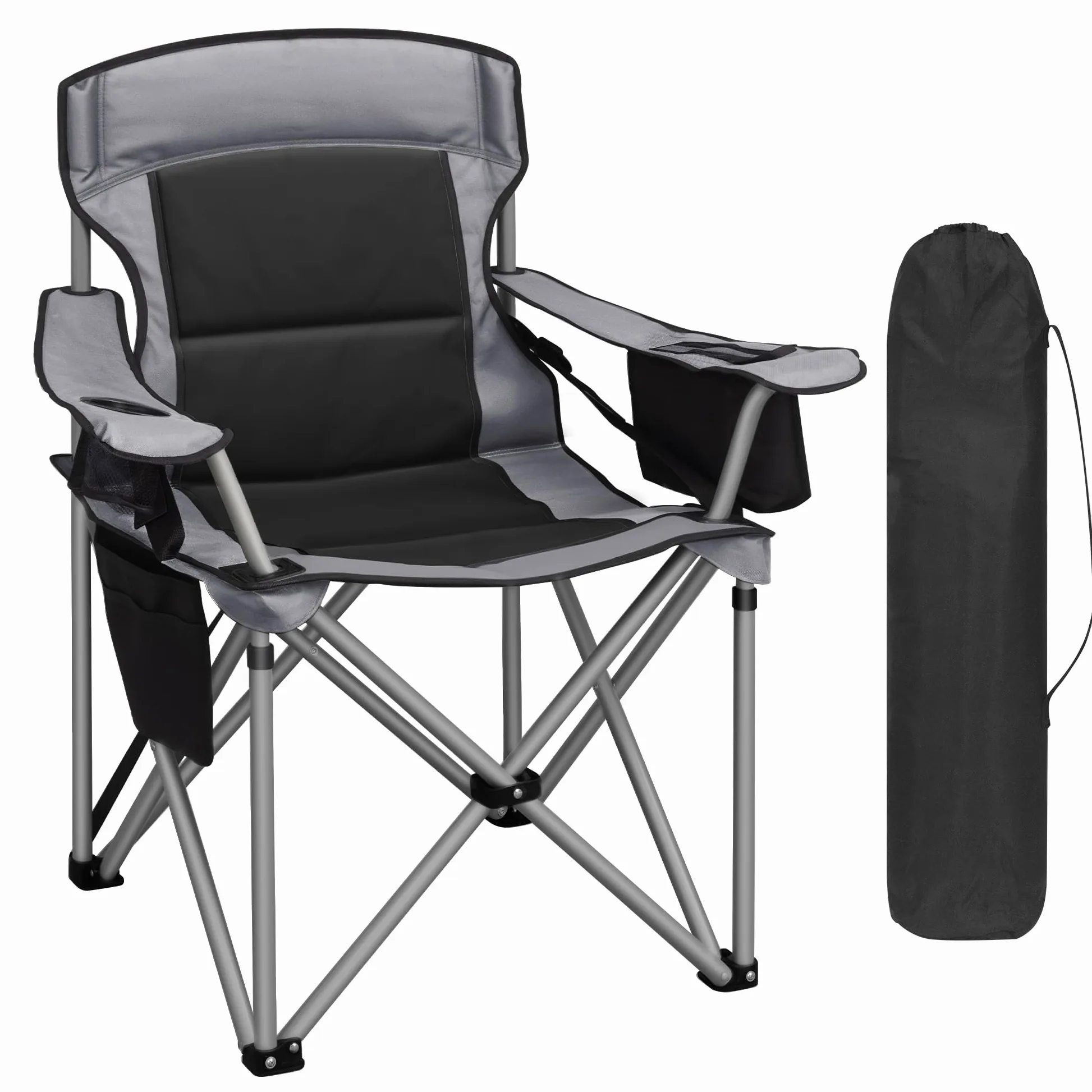 Hzuaneri Silla de Camping Plegable Soporta hasta 220kg, Silla de Pesca con Bolsa Térmica y Portavasos, Respaldo Alto Acolchado para Jardín y Playa, Negro y Gris CC00299EGR