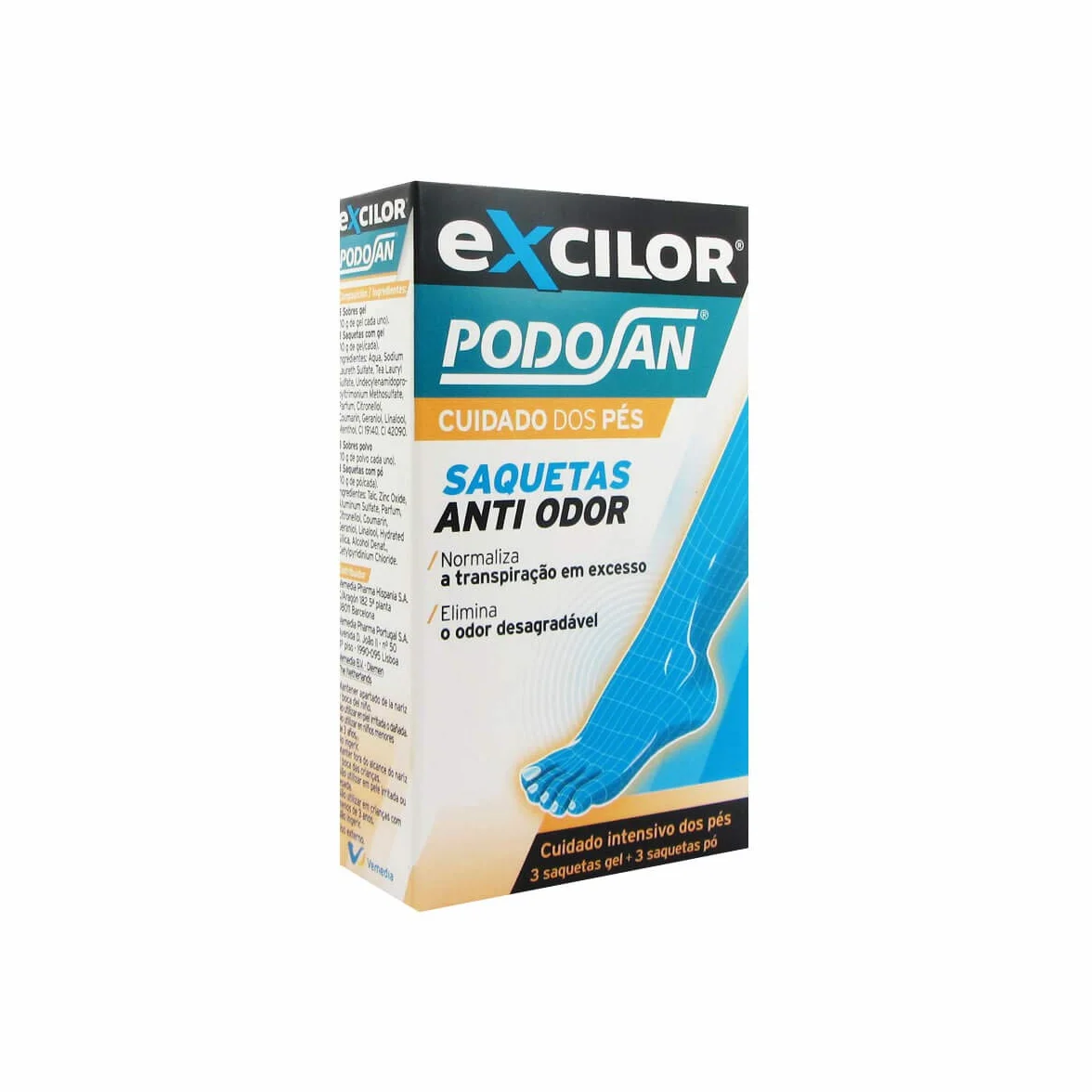 EXCILOR Podosan Sobres Antiolor Cuidado de los pies, Normaliza la sudoración excesiva, Elimina el olor desagradable, 3 sobres gel + 3 sobres polvo, 150g
