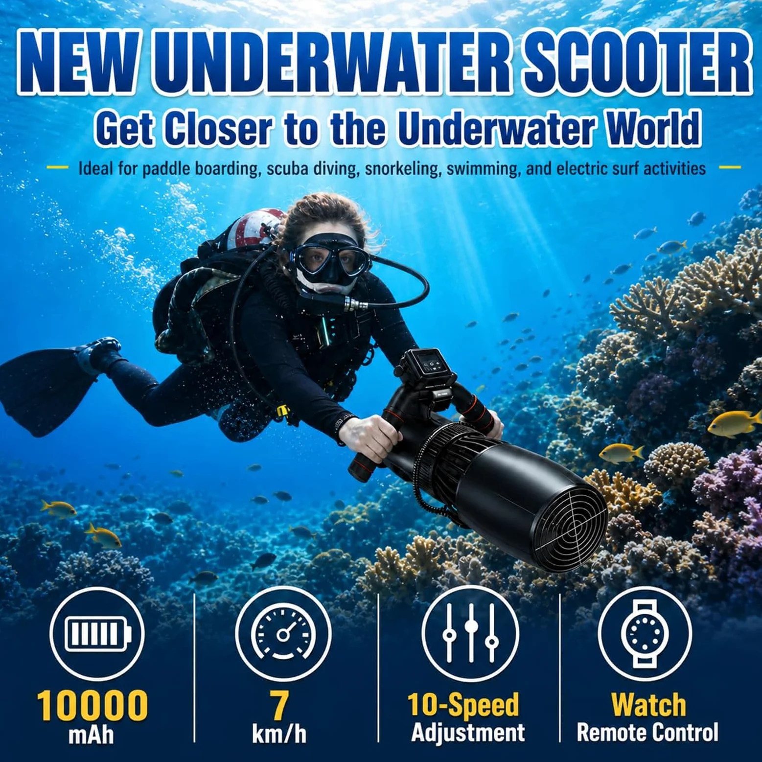 Patinete Eléctrico Submarino de 500 W, 10 Velocidades, 3-7 Km/H | Motor Acuático Brushless, Batería 16000mAh Autonomía 180-60 min, 30 m de Profundidad para Buceo y Esnórquel, Fácil Manejo