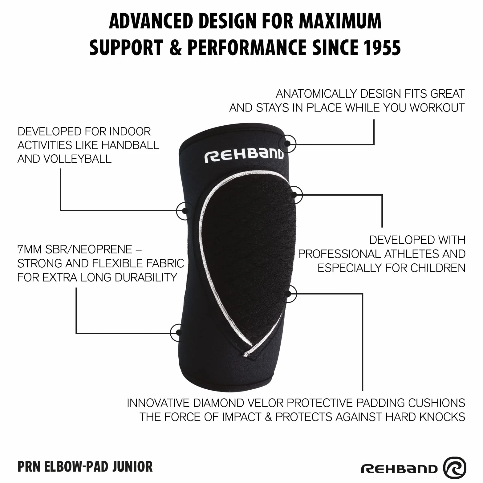 Rehband Coderas para niños 1 Pieza o 1 par Negro Coderas cómodas para Voleibol y Balonmano Codera Deportiva Fabricada en Neopreno de 3mm