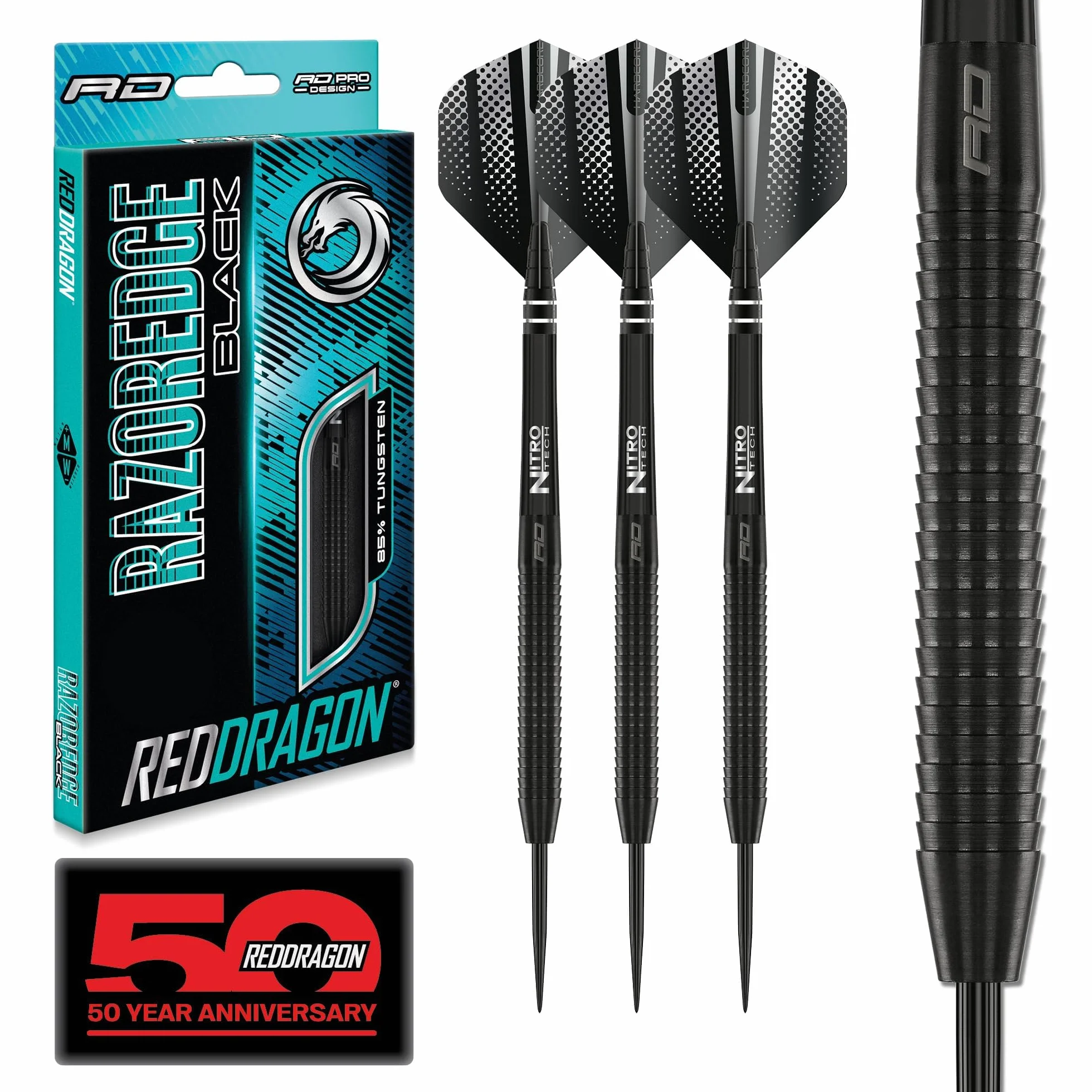 RED DRAGON Dardos Razor Edge Black 20g, 22g, 24g, 26g, 28g Steeltip o 20g Softip Tungsten con Plumas y vástagos