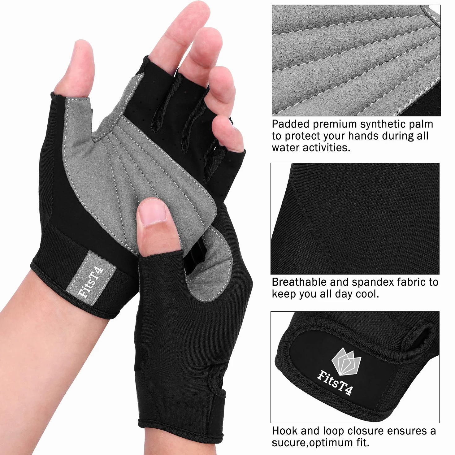 FitsT4 Sports Guantes de Surf Guantes Acolchados Antideslizantes de 3/4 Dedos para esquí acuático, piragüismo, Windsurf, Kitesurf, Vela, Kayak y Surf de Remo