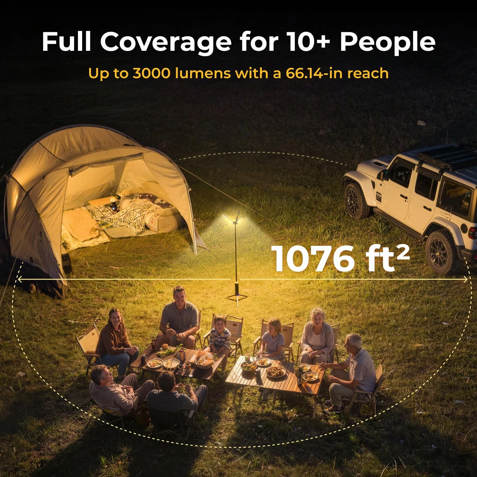 BougeRV T1 - Lámpara de camping recargable (15600 mAh, 3000 LM, linterna telescópica 1,68 m, altura y ángulo ajustables, carga rápida 2,5 h, impermeable IPX5, iluminación para camping, astillero