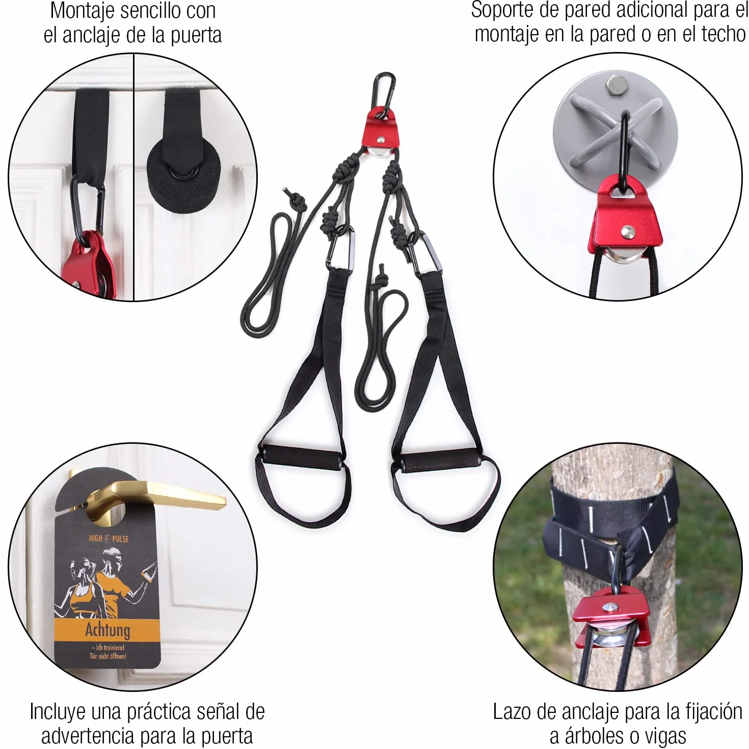 High Pulse Entrenamiento Suspension (7 Piezas) – Kit Fitness + polea, Anclaje para Puerta, fijación para Pared, póster, Cartel para Puerta, Funda y Banda de Resistencia