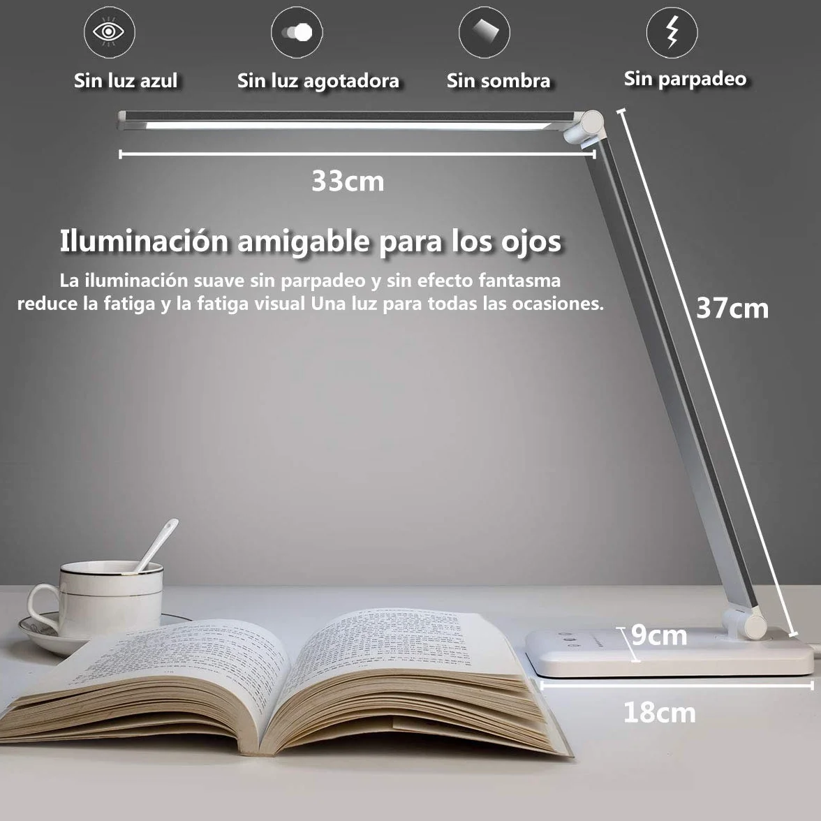 SLATOR Lámpara Escritorio LED Flexo Cuidado Ocular USB 5 Modos 10 Niveles Brillo Temporizador 30/60min Memoria