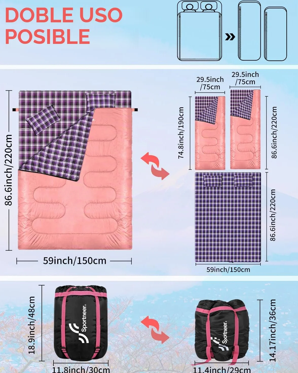 Sportneer - Saco de Dormir Doble para Exteriores, 2 Personas, 3 Estaciones, 220 x 150 cm, 2,75 kg con 2 Almohadas, Cuatro Cremalleras Dobles, para Adultos