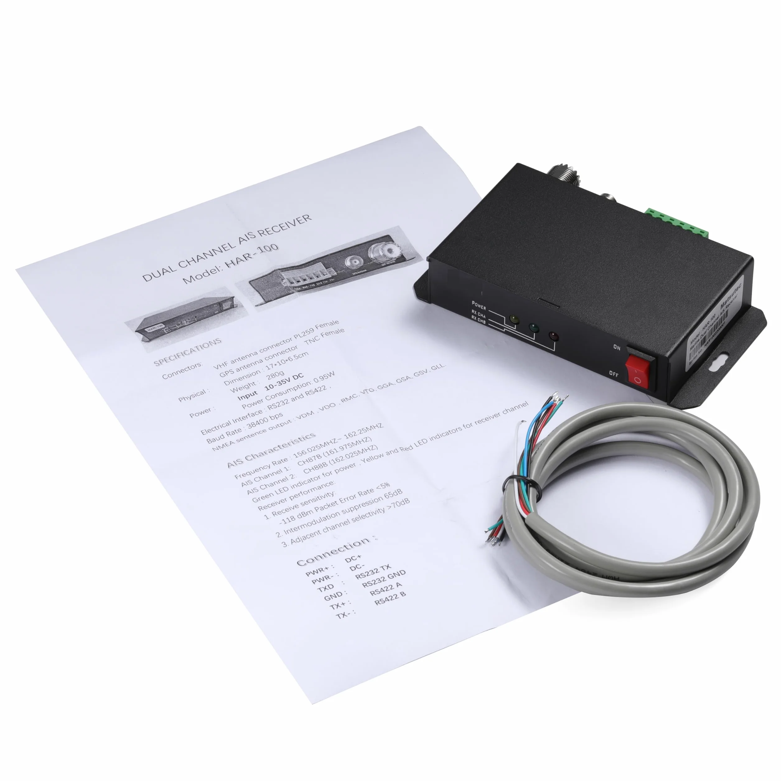 Receptor AIS HAR-100 con interfaz RS232/RS422, receptor AIS de doble canal, receptor GPS sensible y preciso para navegación marina y seguridad