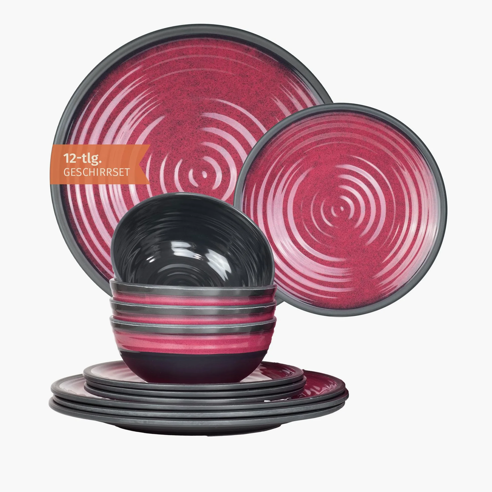 Vajilla de melamina para camping para 4 personas, 12 piezas, apta para lavavajillas, vajilla de pícnic, vajilla de camping, diseño rojo piedra