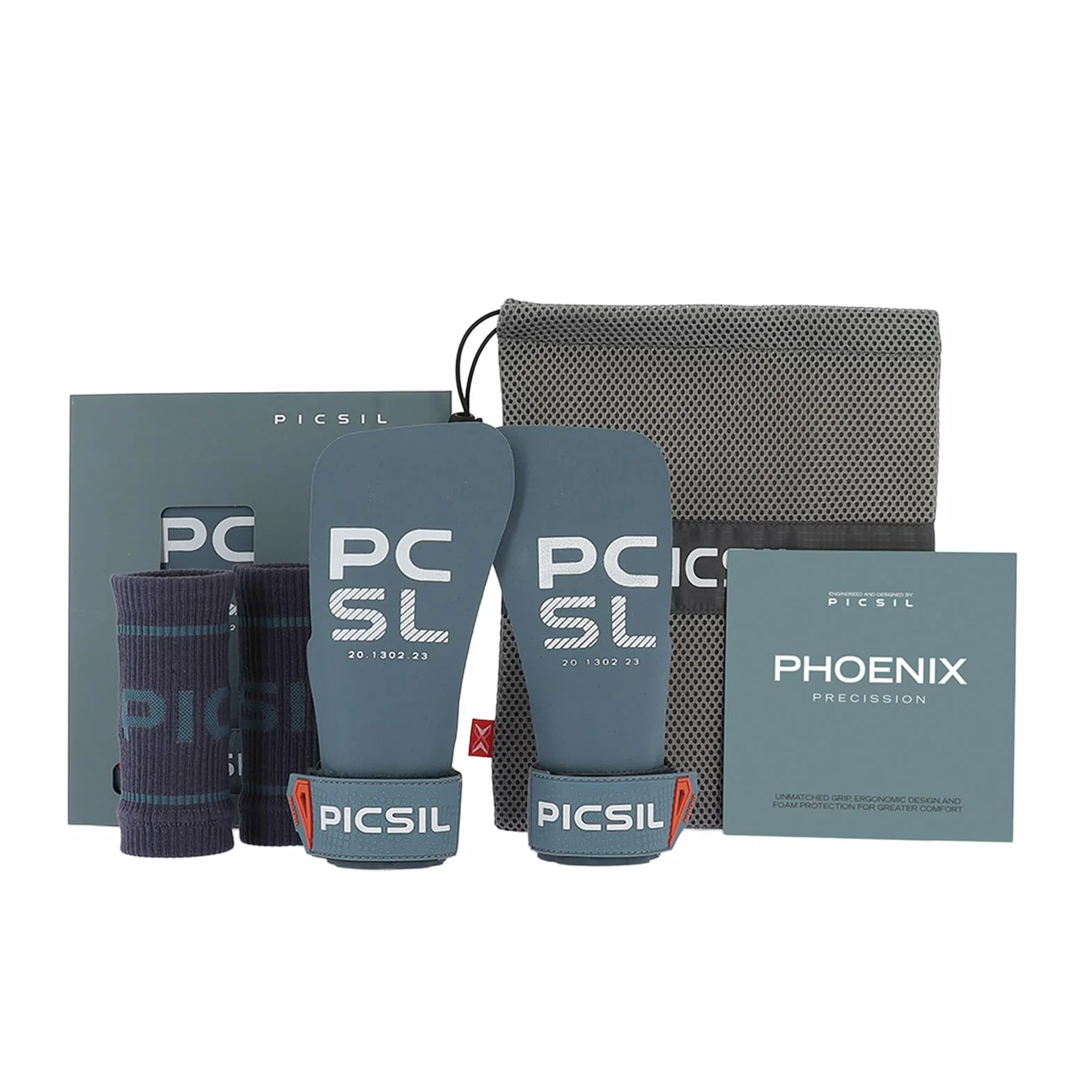 PICSIL Calleras Phoenix + Muñequeras + Bolsa, Uso Sin Magnesio, Agarre en Todas Superficies y Cualquier Tipo de Barra, Diseñadas para Todos los Atletas (Aqua, G+)
