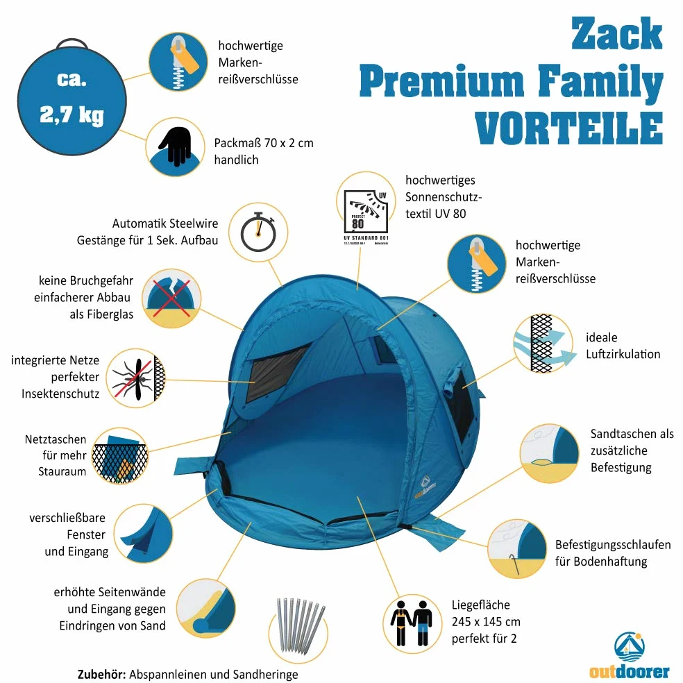 outdoorer la Carpa de Playa Zack Premium Family, Pop Up - Protección UV 80, Azul