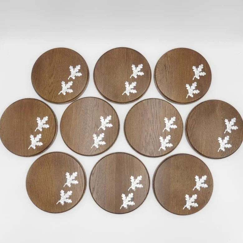 Generisch 10 placas de cuña redondas marrón AF 19 cm con 20 hojas de aluminio de roble, tablas de cuña, tabla de especias, cartel trofeo.