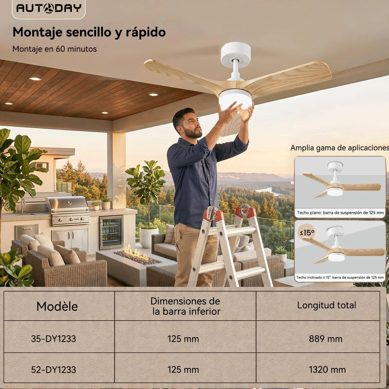 Ventilador de techo con Luz LED 90 cm 30 W Ultra Silencioso 3 Aspas Reversibles Mando Distancia Temporizador 1/3/6H Verano-Invierno 6 velocidades