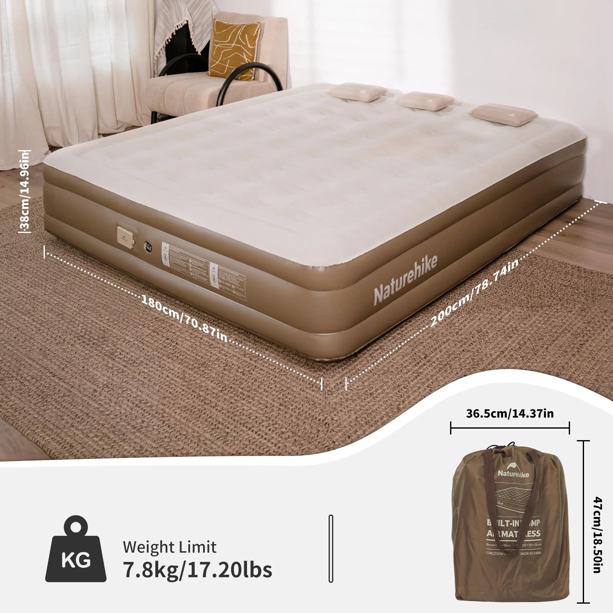 Naturehike Colchón Hinchable 3 Personas con Bomba Integrada Recargable - 200x180x38cm Cama Hinchable para Camping y Casa - Colchón Inflable Portátil y Resistente