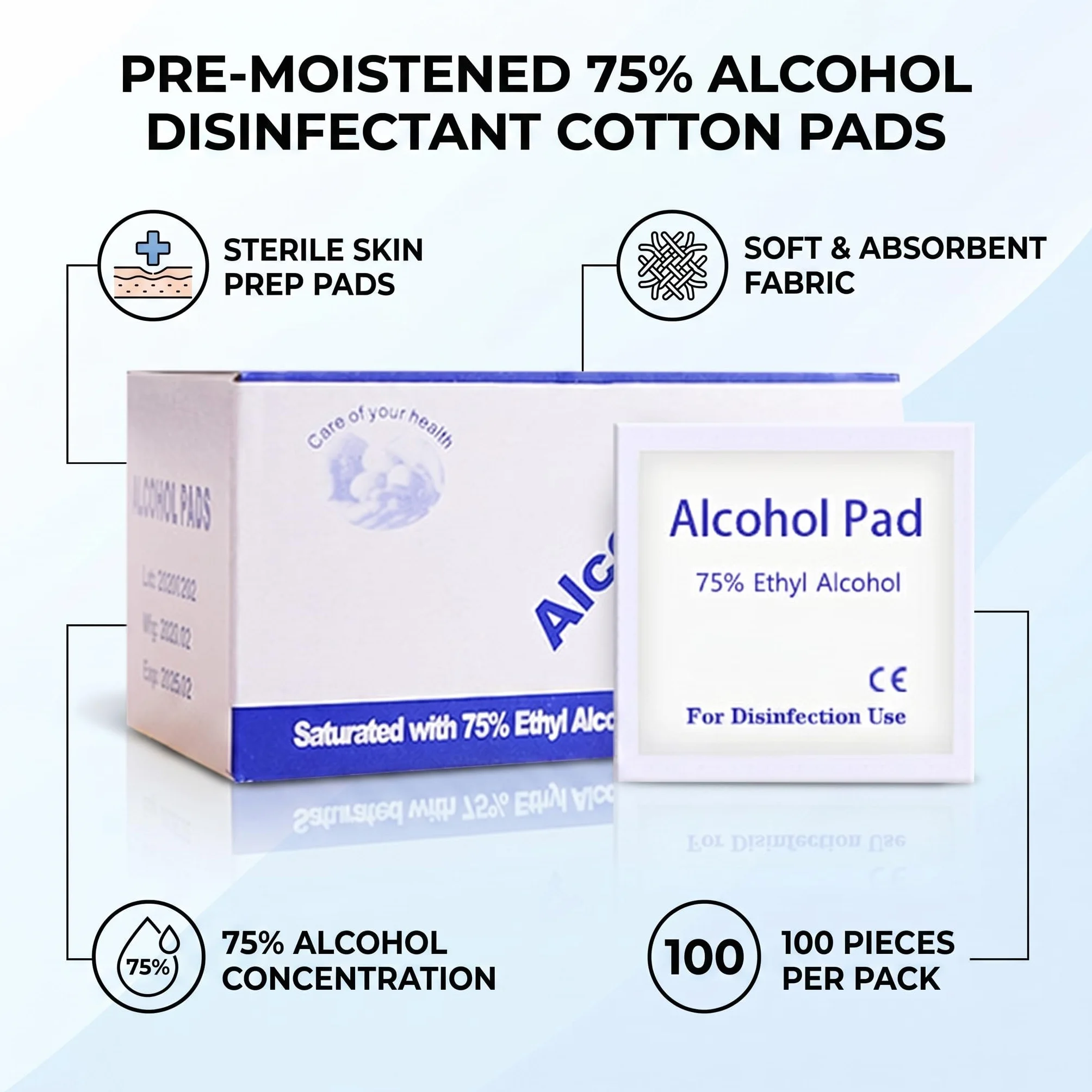 Toallitas de Alcohol 75% 100 Pcs Envueltas Individualmente para Kits Médicos y Primeros Auxilios Hogar