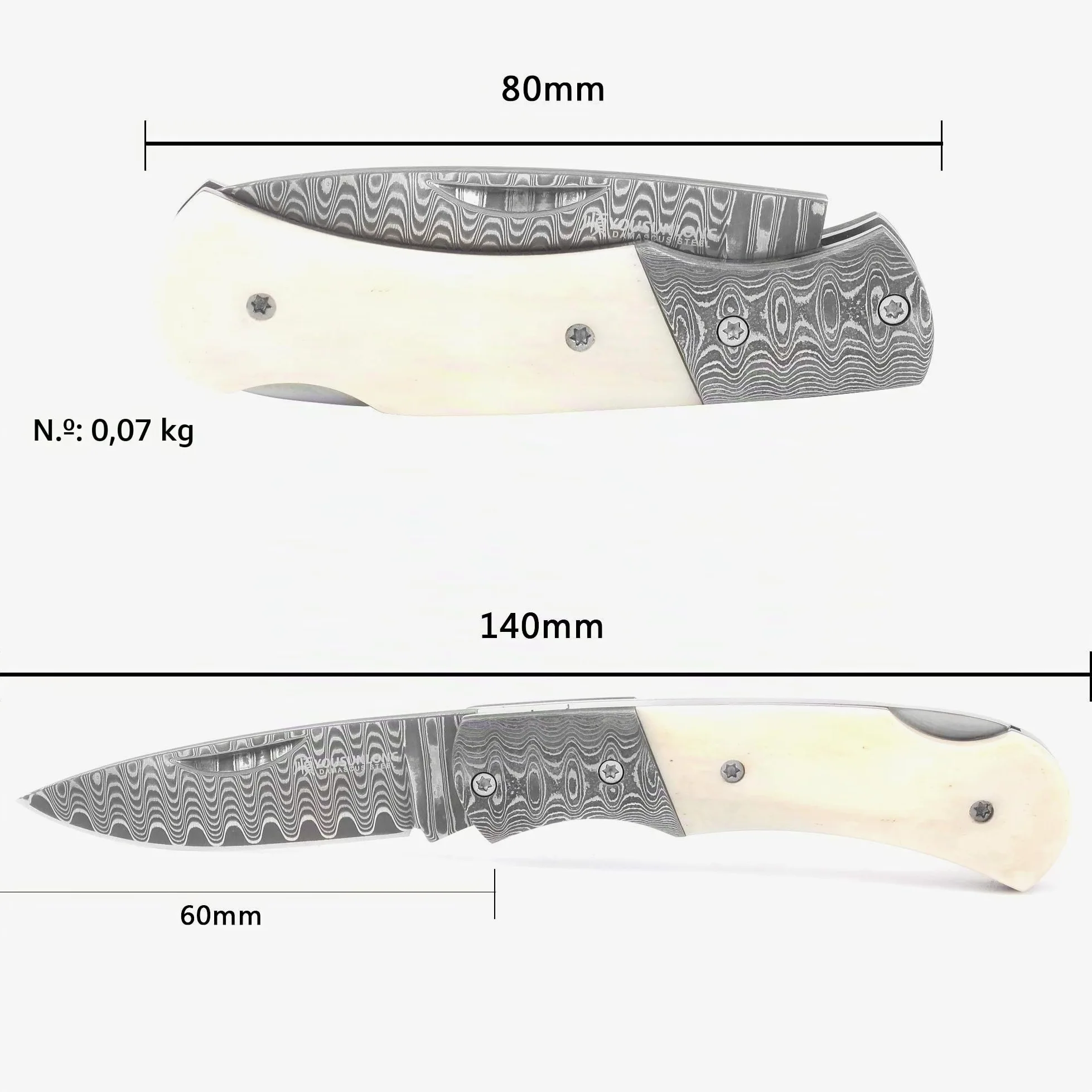 YOUSUNLONG Navaja de bolsillo y navaja 140mm - hoja de acero damasco - mango de hueso de toro