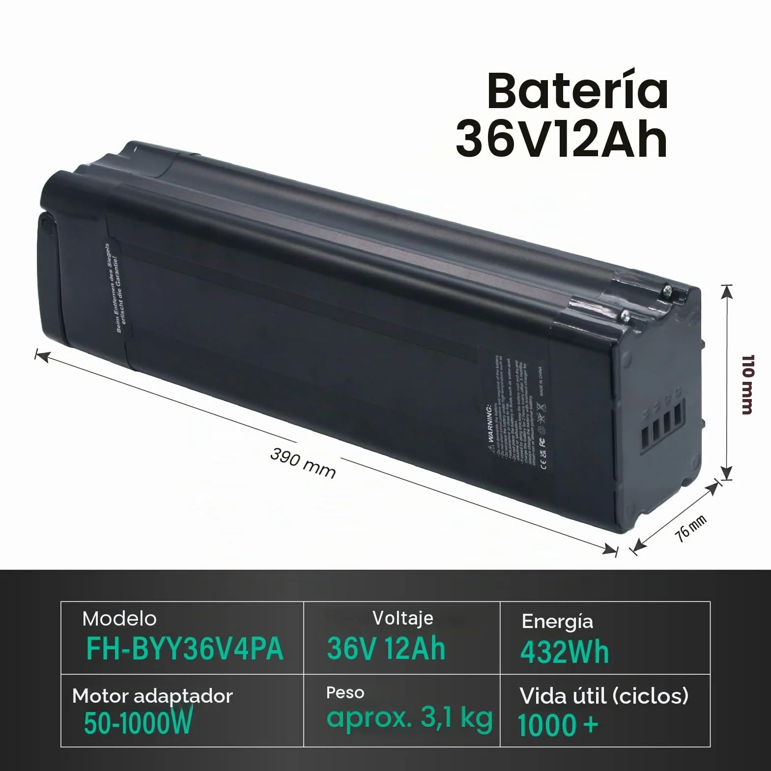 Con cargador de 36 V, 12 Ah, batería de ion de litio, forma Whitebait para Aldi Prophete MiFa Trio Samsung Zhenlong Phylion UVM.
