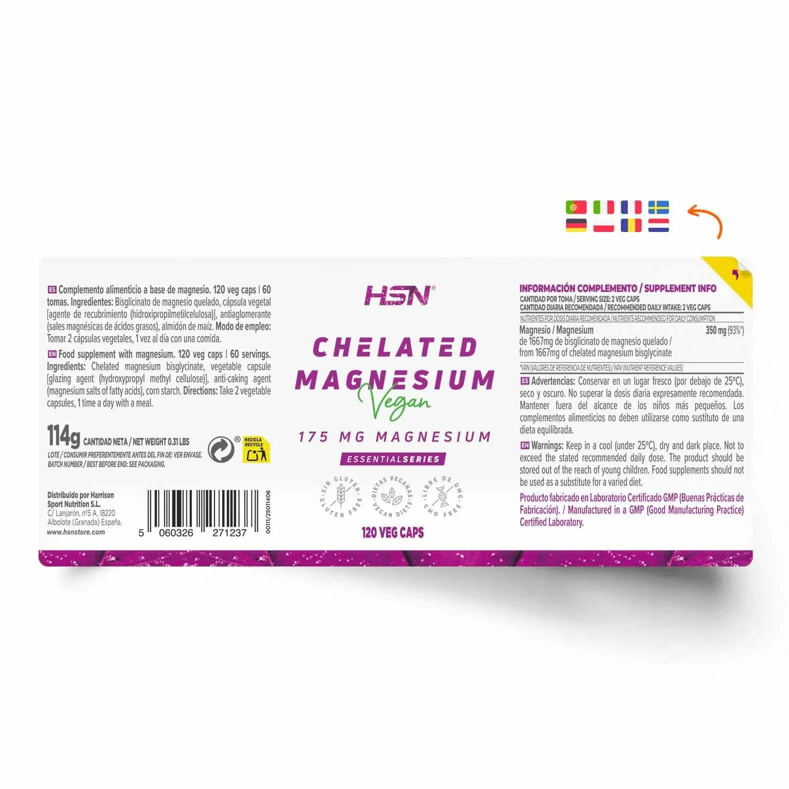 Bisglicinato de Magnesio 100mg Elemental 120 Cápsulas Vegetales Quelado Vegano Sin Gluten No-GMO