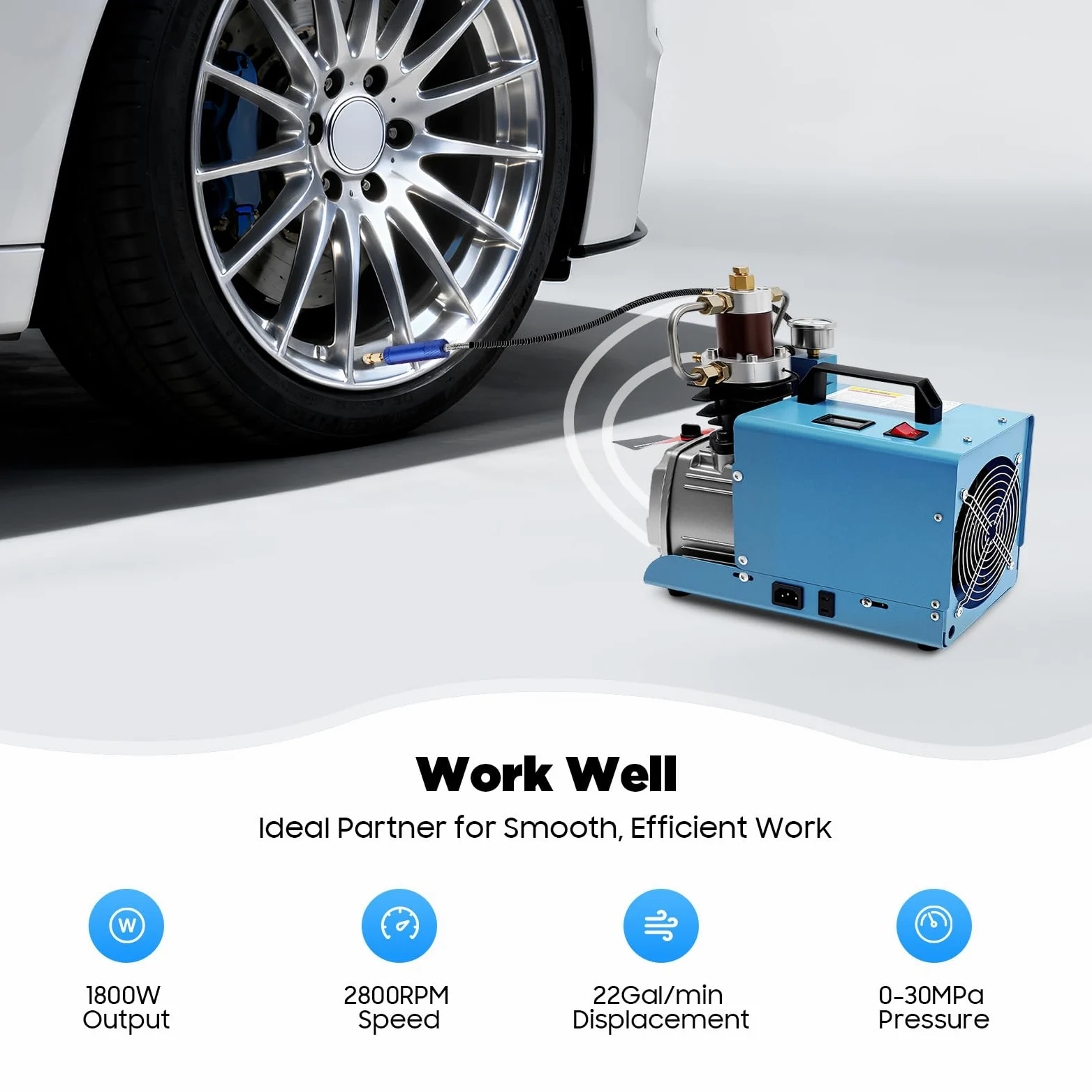 Bomba de aire eléctrica de 1800 W, 2800 rpm, enfriamiento de aire de agua, depósito de aceite de 350 ml, compresor de alta presión 0-30 MPa, válvula de alivio de presión, bomba de pistón de compresión
