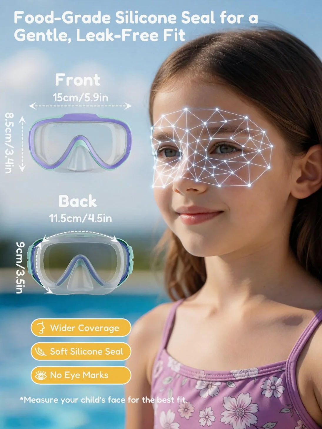 ACURE Gafas de natación para niños y niñas de 3 a 14 años, juego de máscara de esnórquel antivaho con cubierta para la nariz y correa de tela, máscara de buceo para niños en piscina para jóvenes