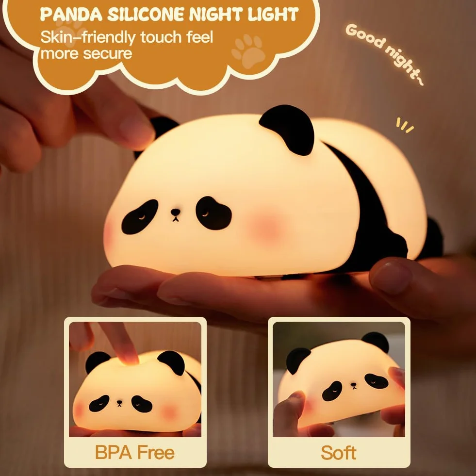 Luz Nocturna Infantil Panda de Silicona, Ajustable 3 Niveles Brillo 30Min Temporizador, USB Recargable LED Lámpara Regalo Niños
