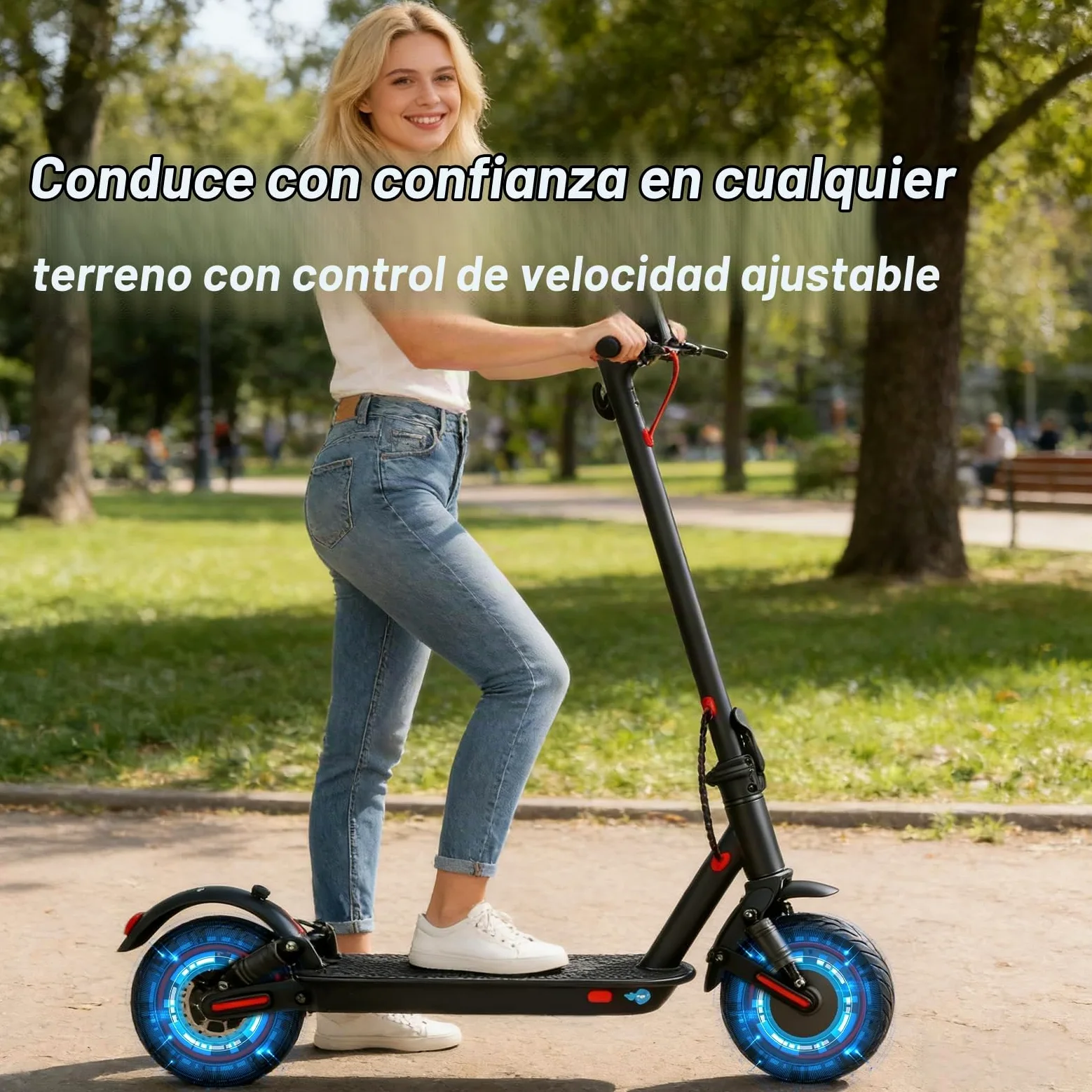 Patinete Eléctrico Adultos 350W, Velocidad Máx 25 km/h, Autonomía 25-30 km, Ruedas Antipinchazos de 10", Doble Suspensión, Freno Electrónico + Freno de Disco, Plegable, Carga Máx 120 kg, IPX5
