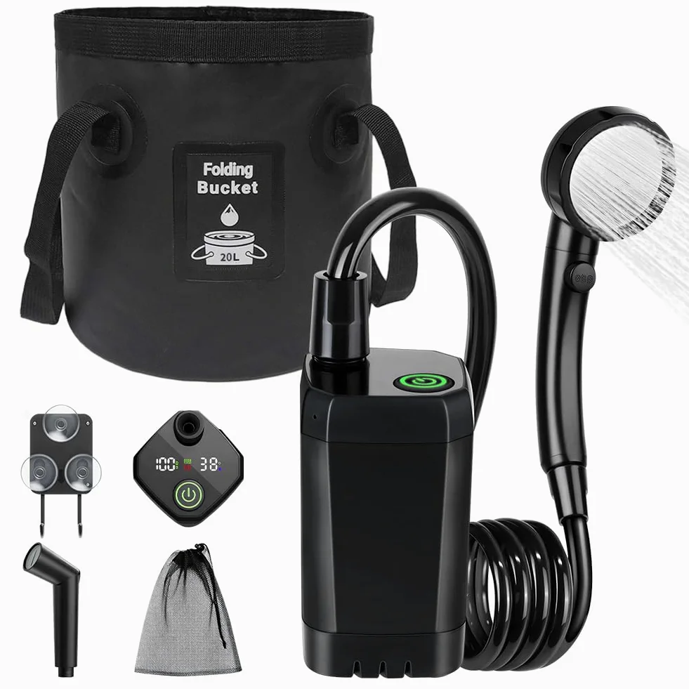 CEWROM 2026 Juego completo de ducha portátil para camping, ducha de camping de 6000 mAh con bomba e indicador de temperatura, cabezal de pulverización multimodo y cubo plegable de agua de 5 galones