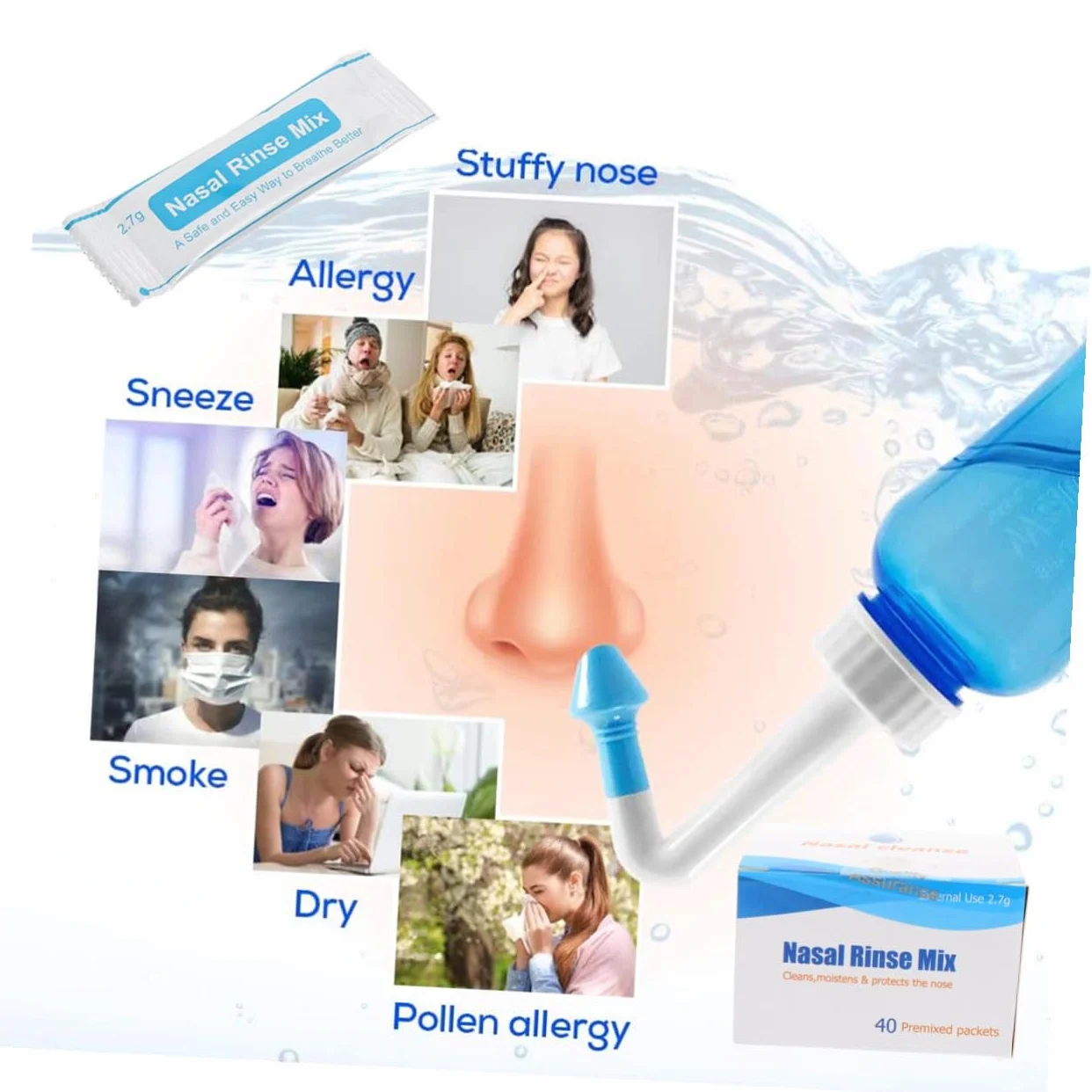 Hohopeti Paquetes de Sal para Enjuague Nasal 40 Sobres