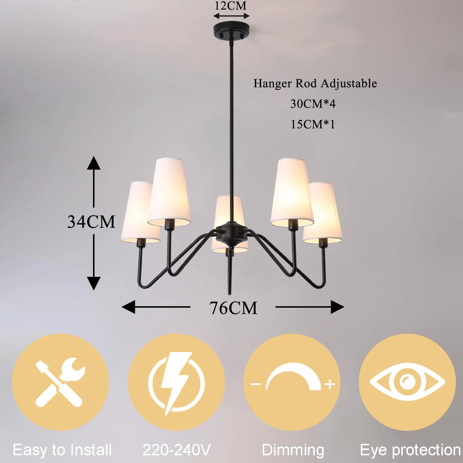 Lámpara Colgante Techo Negro 5 Luces 76cm E14 160W Pantalla Lino Blanco