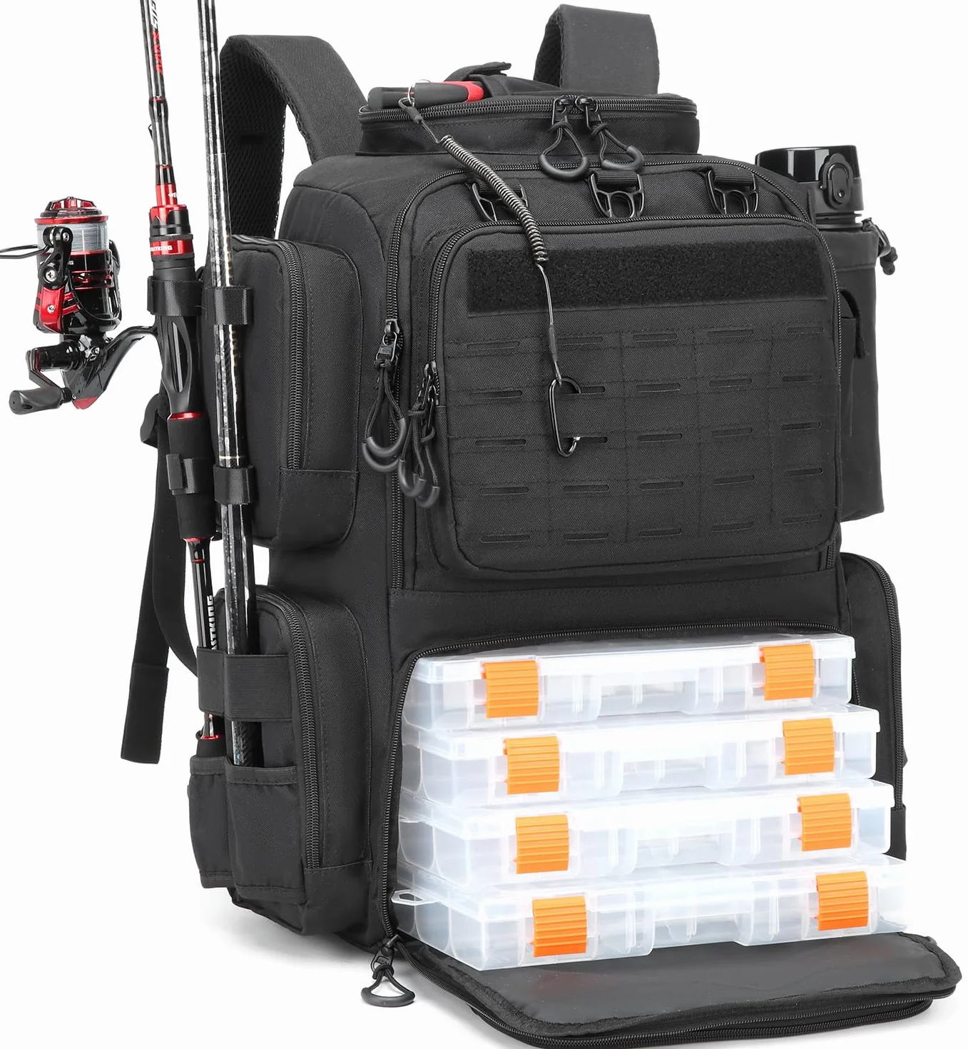 Mochila de Pesca de 50L con Soporte & Compartimento de Congelación para Cañas de Pescar, Resistente al Agua, táctico Mochila para Equipo de Pesca (Negro con 4 Cajas)