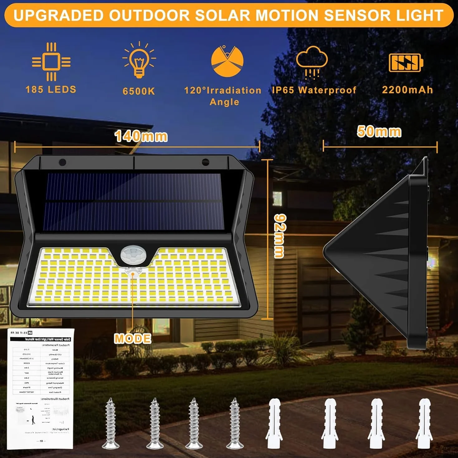 OUILA Luz Solar Exterior 185 LED 3 Modos IP65 Impermeable Blanco Frío 2-Paquete