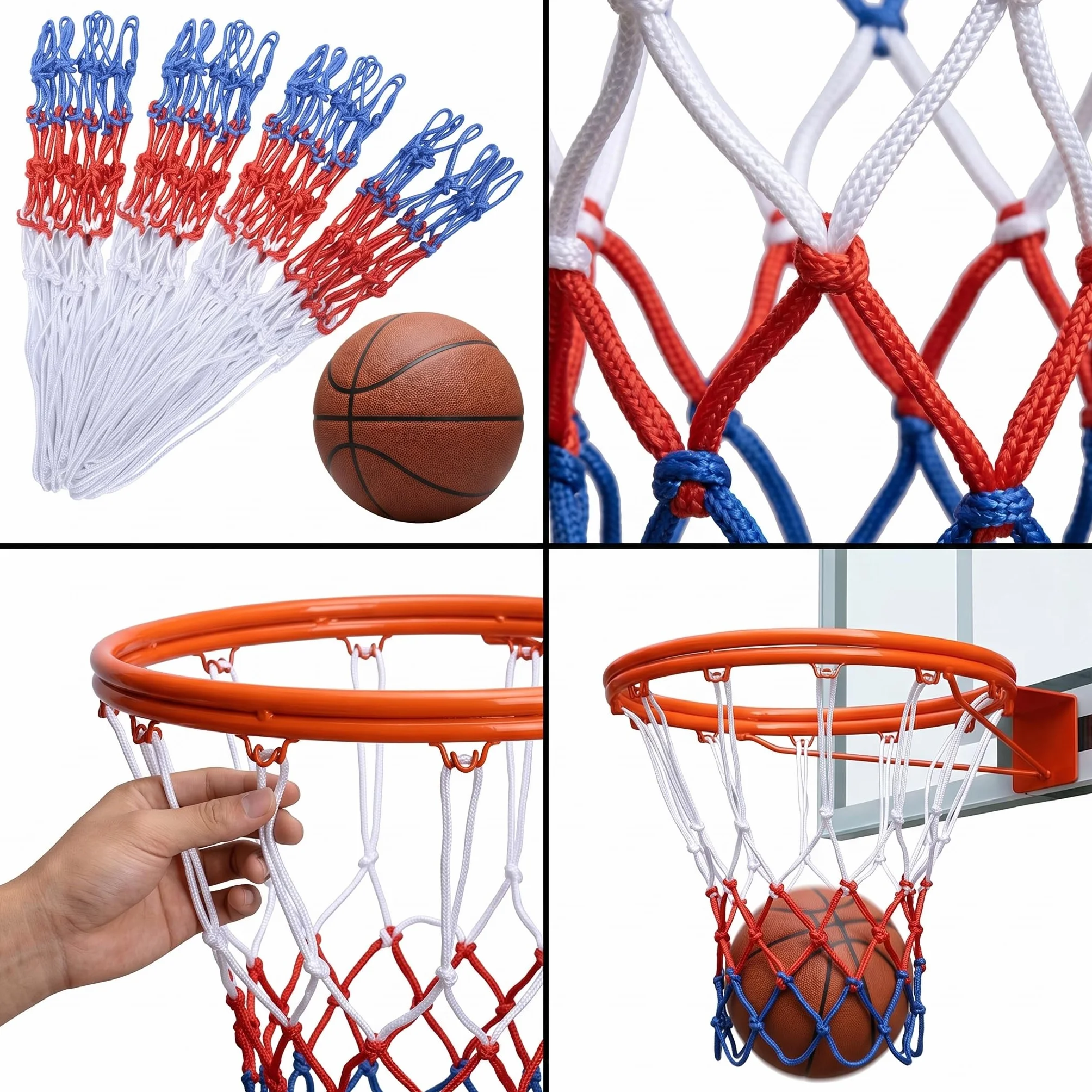 Red de Baloncesto Tricolor Blanco Azul Rojo Pack 4 Redes Aro Estándar 12 Lazos Poliéster Resistente para Interior Exterior Canasta