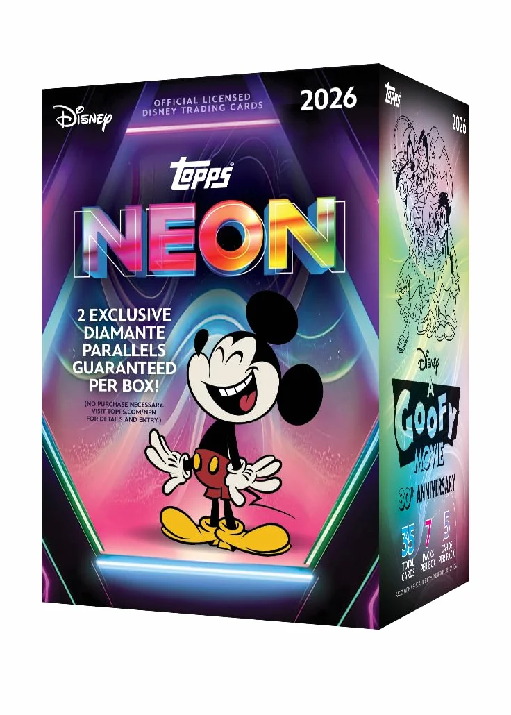 2026 Topps Disney Neon Advantage Box contiene 35 tarjetas con dos tarjetas base paralelas con tarjetas paralelas de diamante por caja.