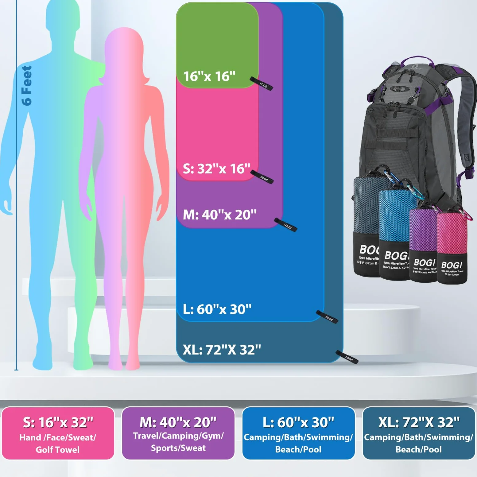 BOGI Paquete de 4 (8 piezas) de toallas deportivas de microfibra de secado rápido, toalla de camping de microfibra suave y ligera, toalla de viaje compacta para camping, gimnasio, playa, baño, yoga,
