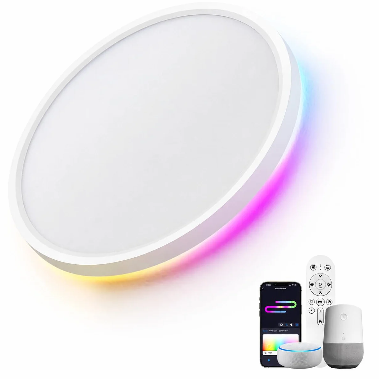 Plafón LED Inteligente 24W Regulable con Mando WiFi RGB, Compatible con Alexa y Google Home, Lámpara de Techo Ultrafina